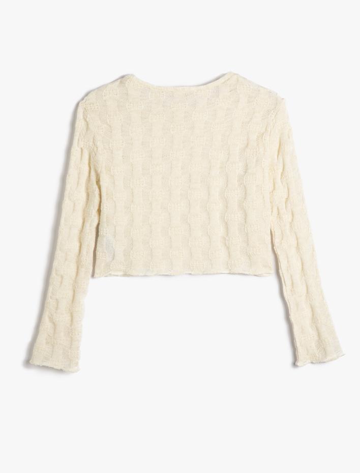 Kız Çocuk Crop Sweatshirt Dokulu Uzun Kollu Bisiklet Yaka