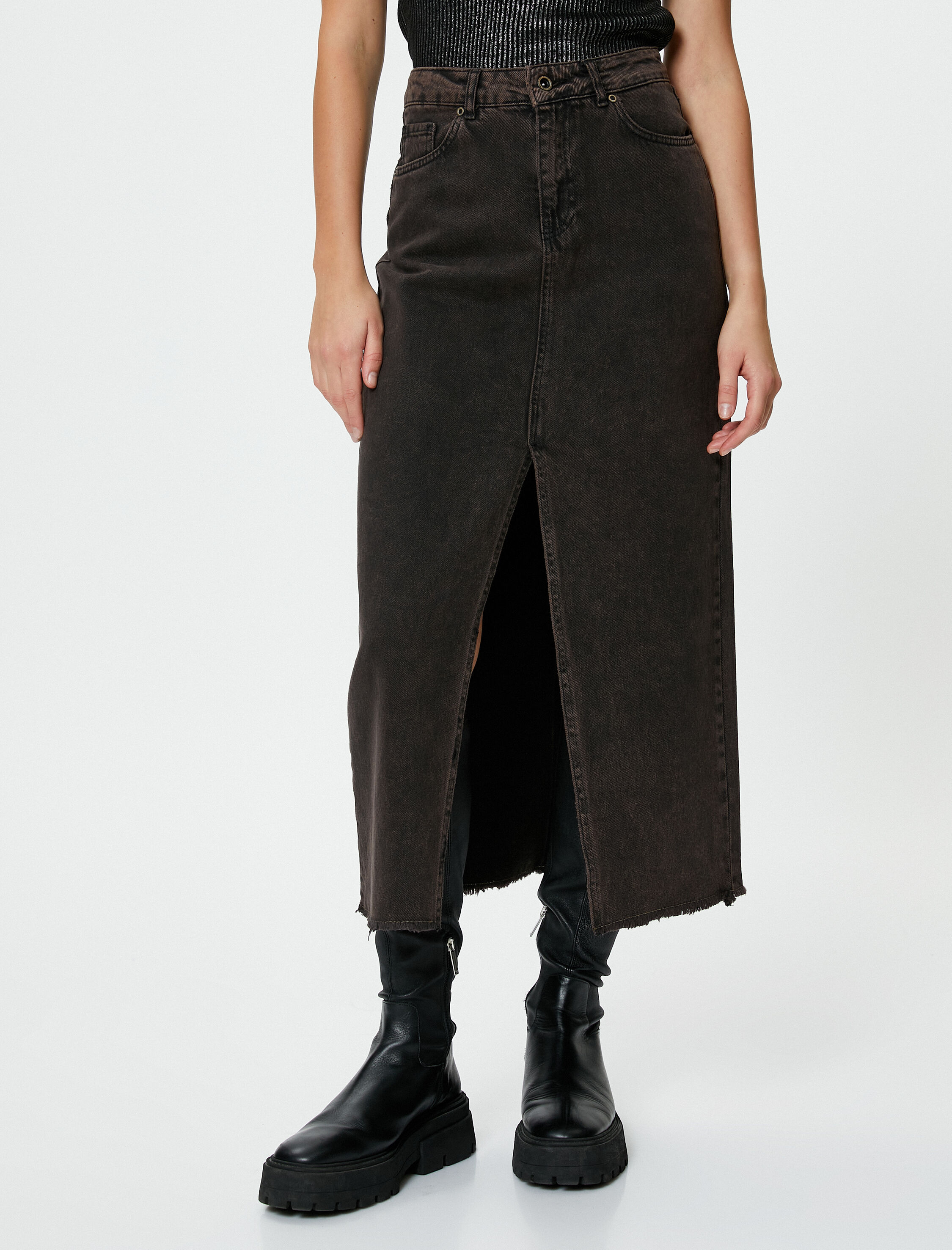 Midi Kot Etek Önden Yırtmaçlı Yüksek Bel Cepli Pamuklu