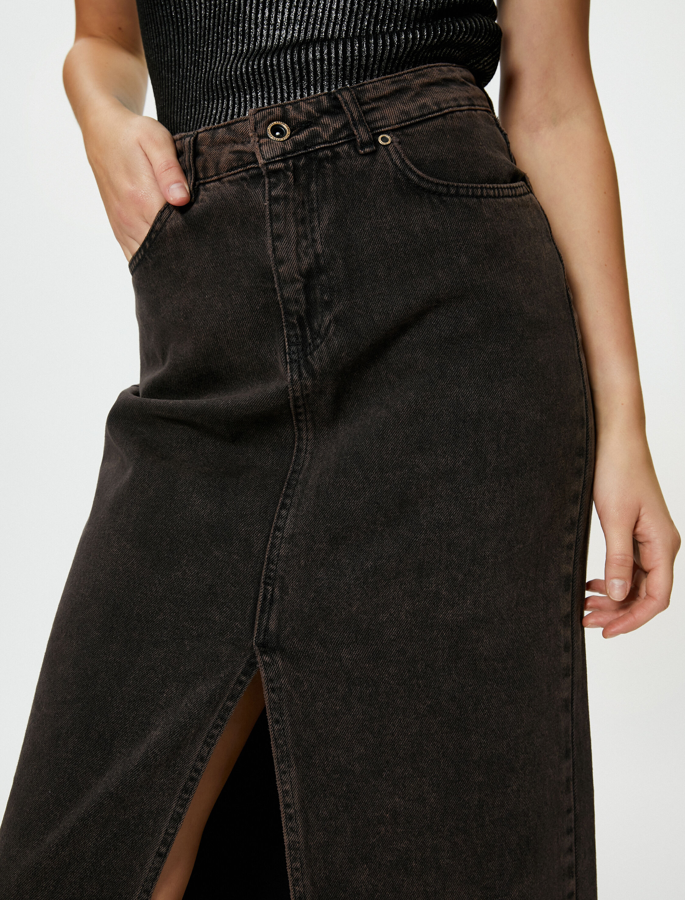 Midi Kot Etek Önden Yırtmaçlı Yüksek Bel Cepli Pamuklu