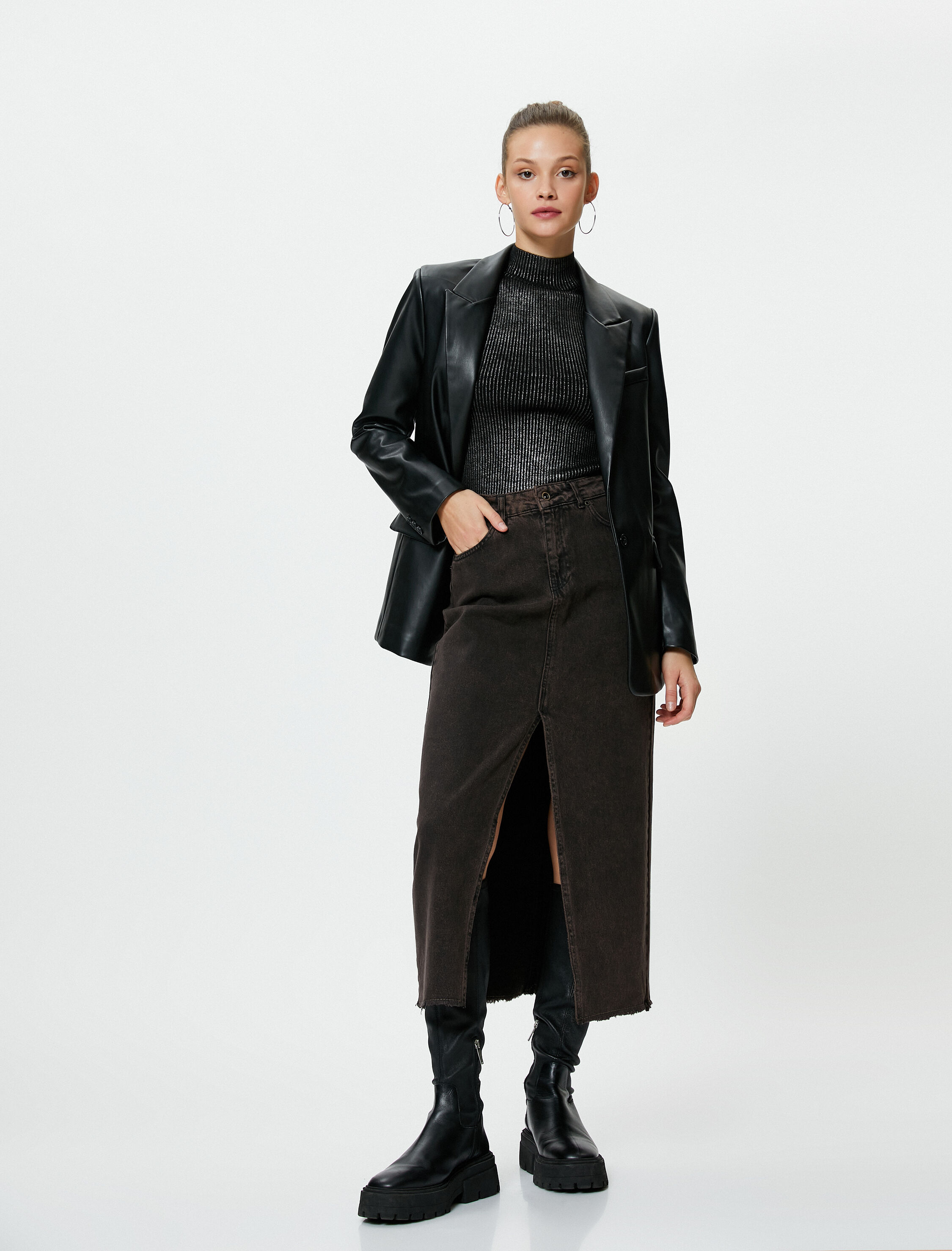 Midi Kot Etek Önden Yırtmaçlı Yüksek Bel Cepli Pamuklu