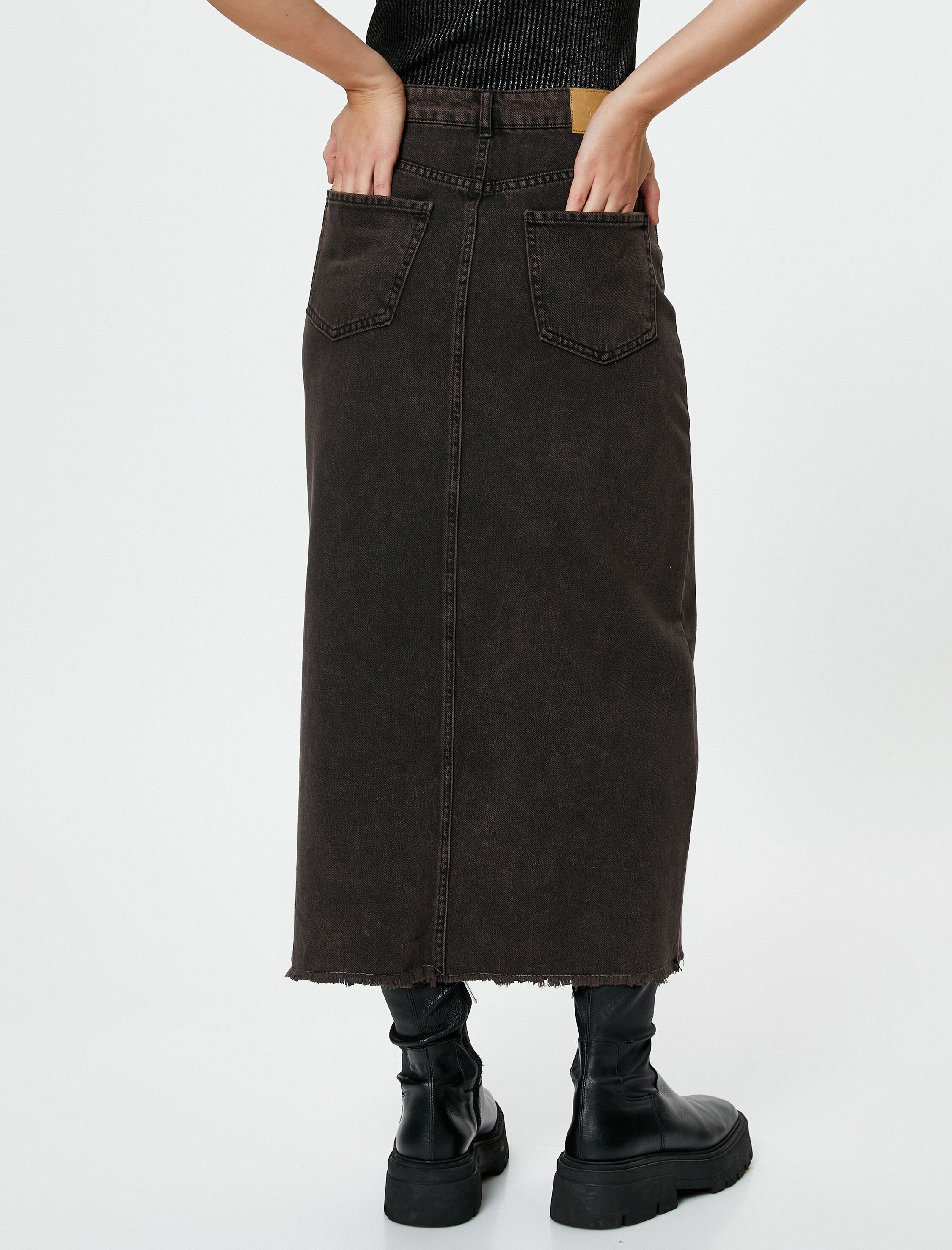 Midi Kot Etek Önden Yırtmaçlı Yüksek Bel Cepli Pamuklu