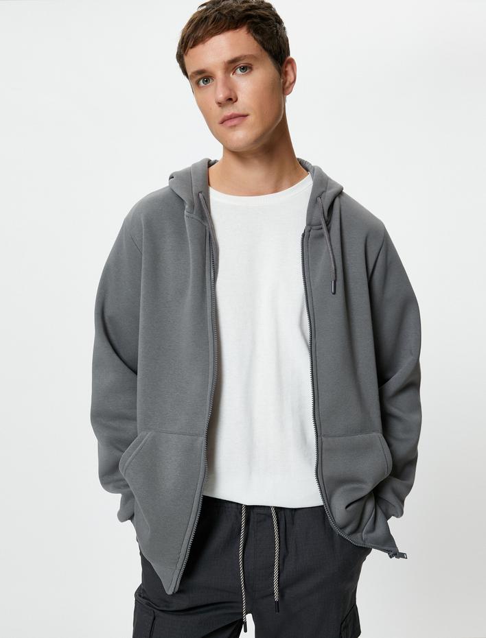  Basic Fermuarlı Sweat Kapşonlu Cep Detaylı Şardonlu