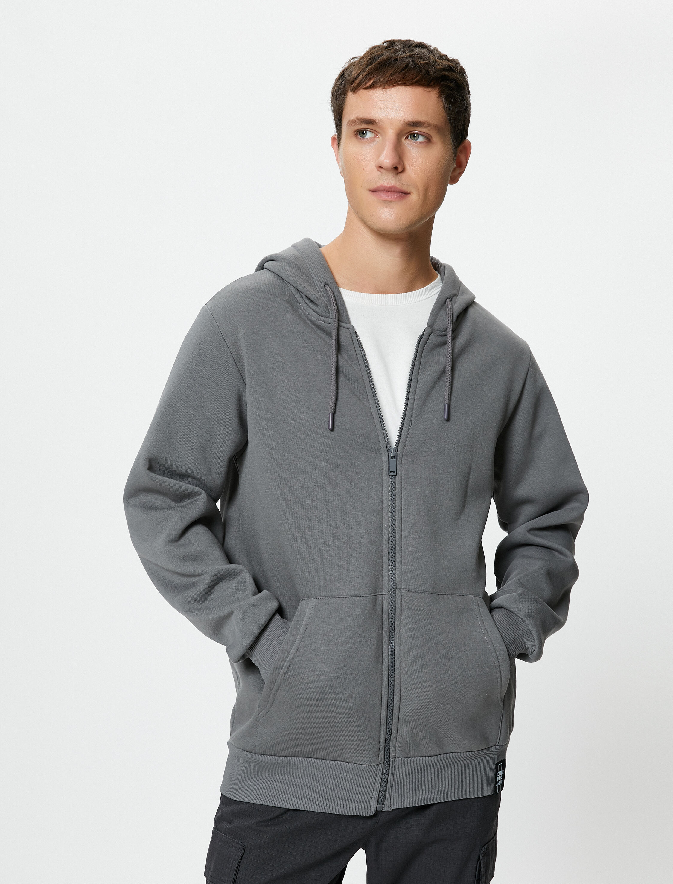 Basic Fermuarlı Sweat Kapşonlu Cep Detaylı Şardonlu