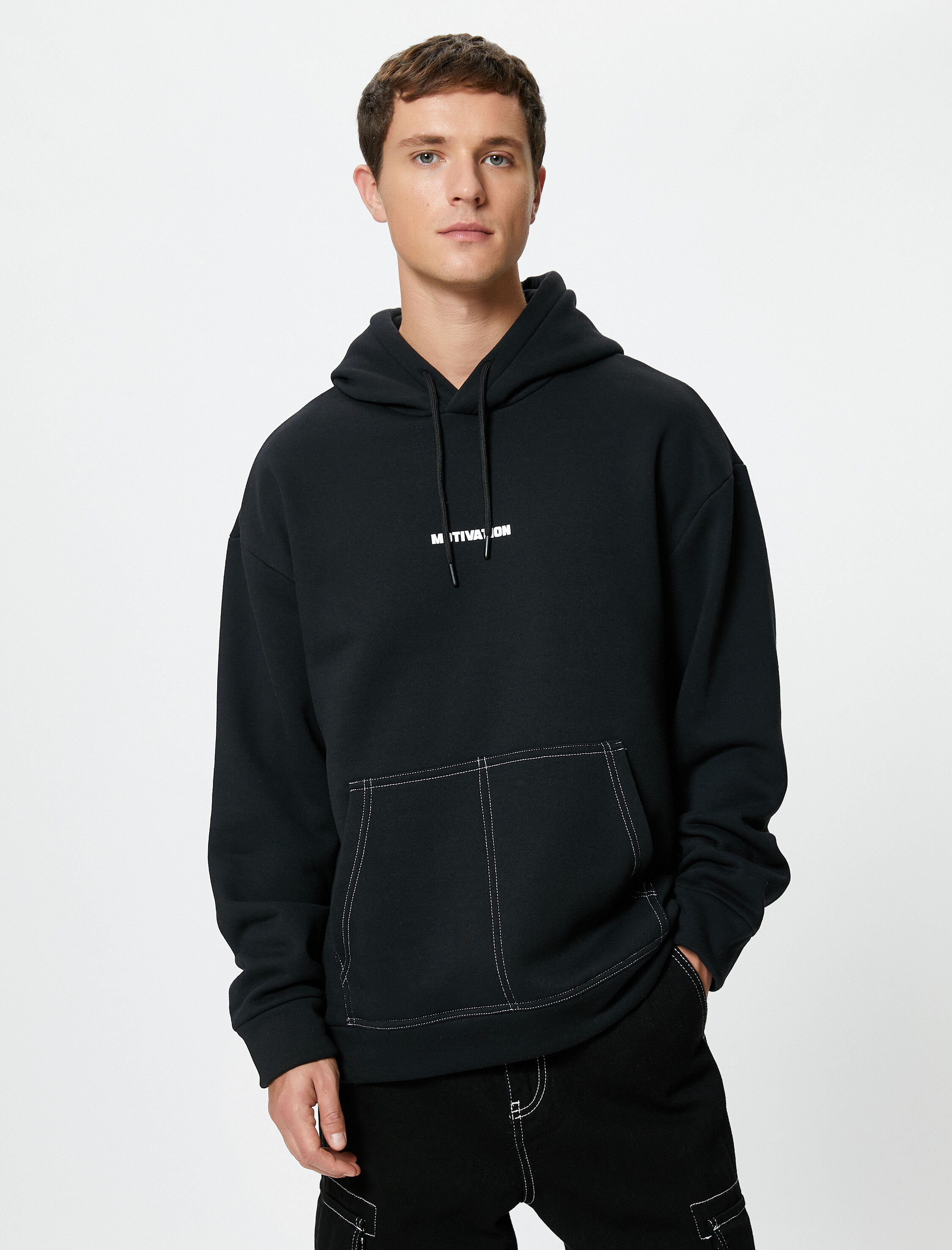   Oversize Hoodie Kanguru Cepli Slogan Baskılı Dikiş İşlemeli Şardonlu