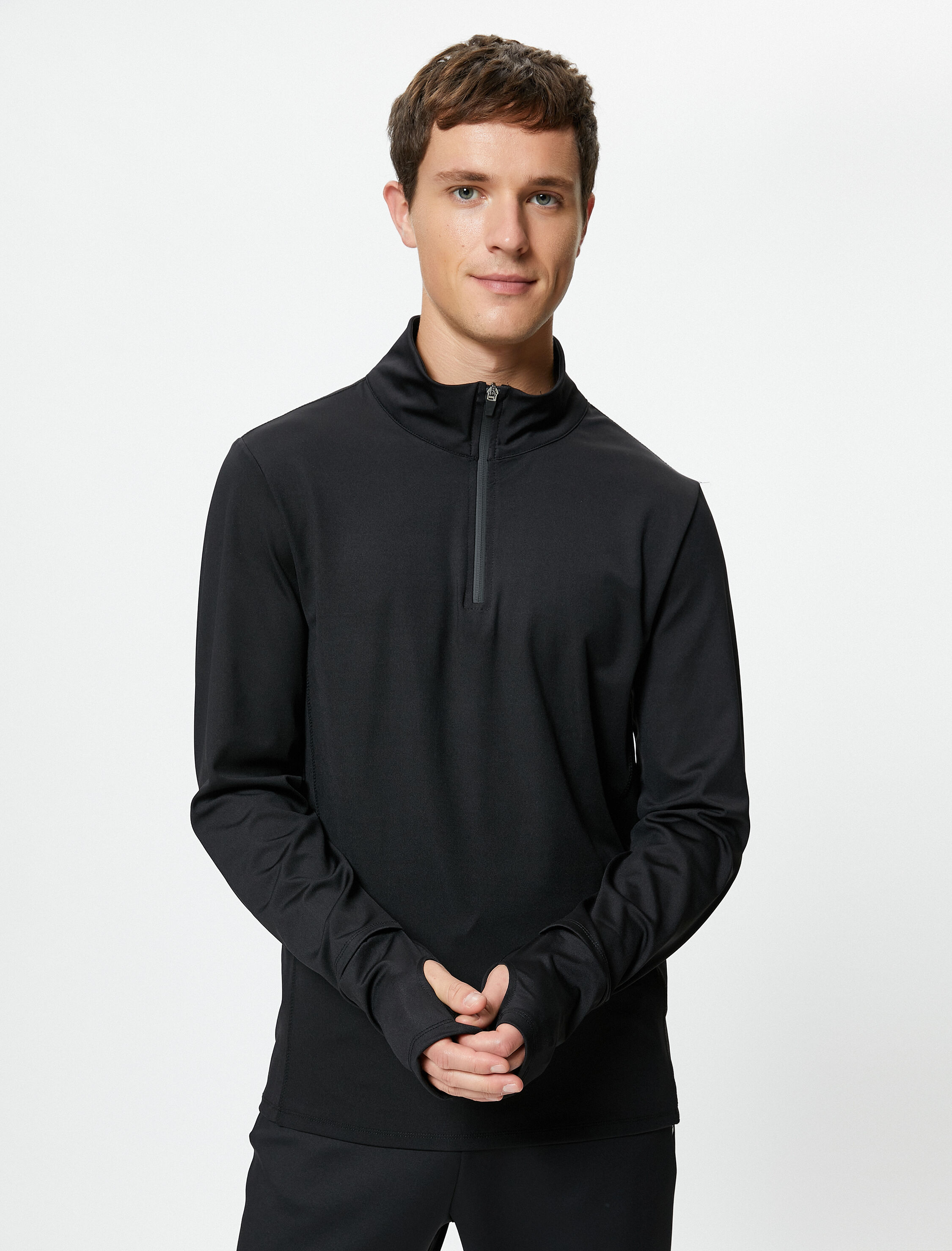 Siyah Erkek Spor Sweatshirt Yarım Fermuarlı Dik Yaka Bilek Detaylı