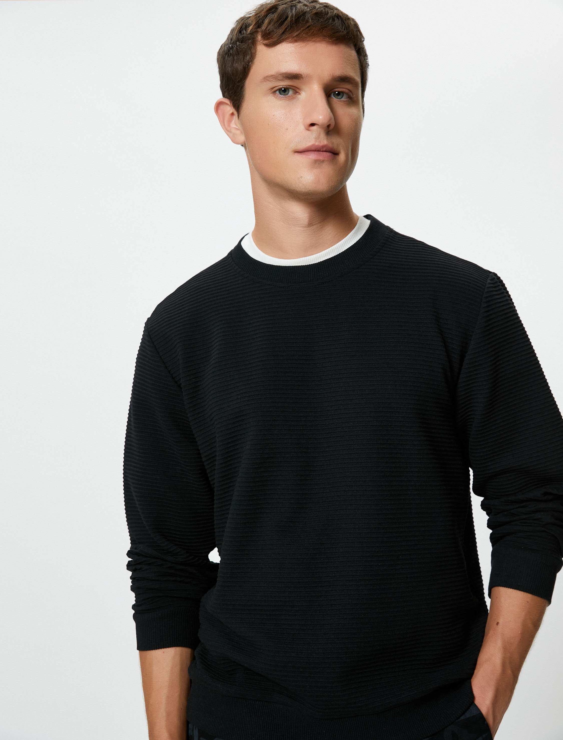   Basic Kazak Bisiklet Yaka Kumaş Detaylı Uzun Kollu