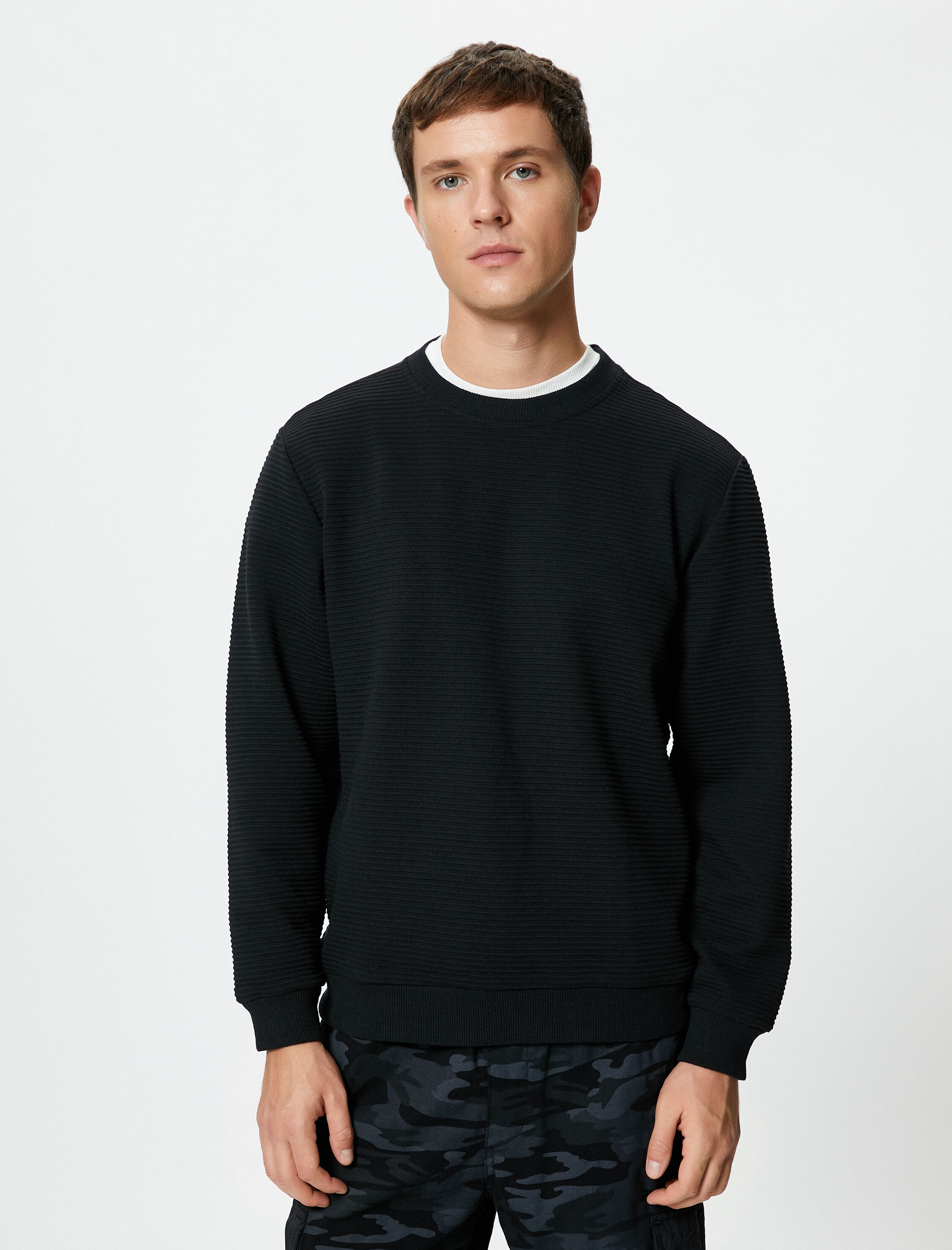   Basic Kazak Bisiklet Yaka Kumaş Detaylı Uzun Kollu