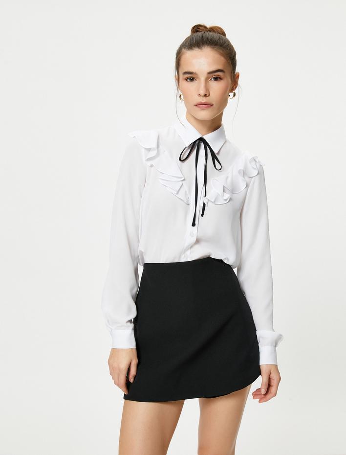  Uzun Kollu Gömlek Fırfırlı Bağlama Detaylı Düğmeli