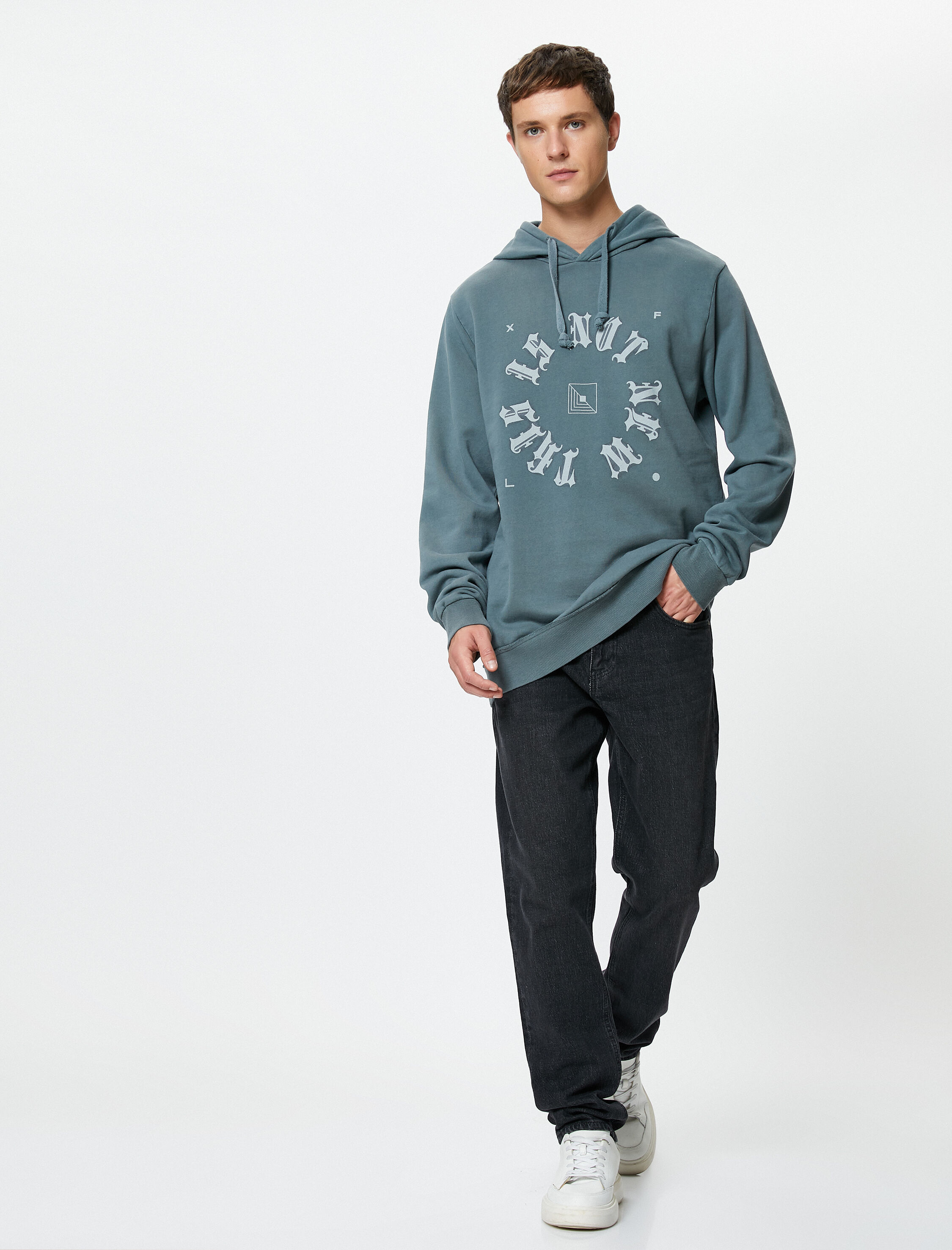   Kapşonlu Sweatshirt Slogan Baskılı Uzun Kollu Şardonlu