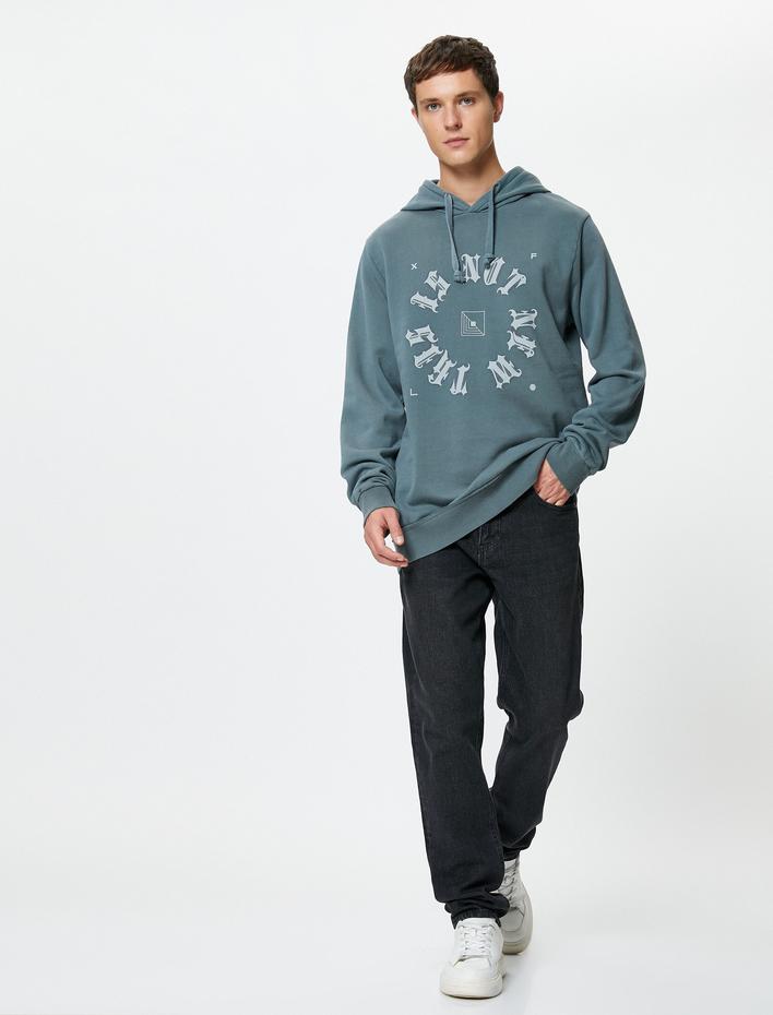  Kapşonlu Sweatshirt Slogan Baskılı Uzun Kollu Şardonlu