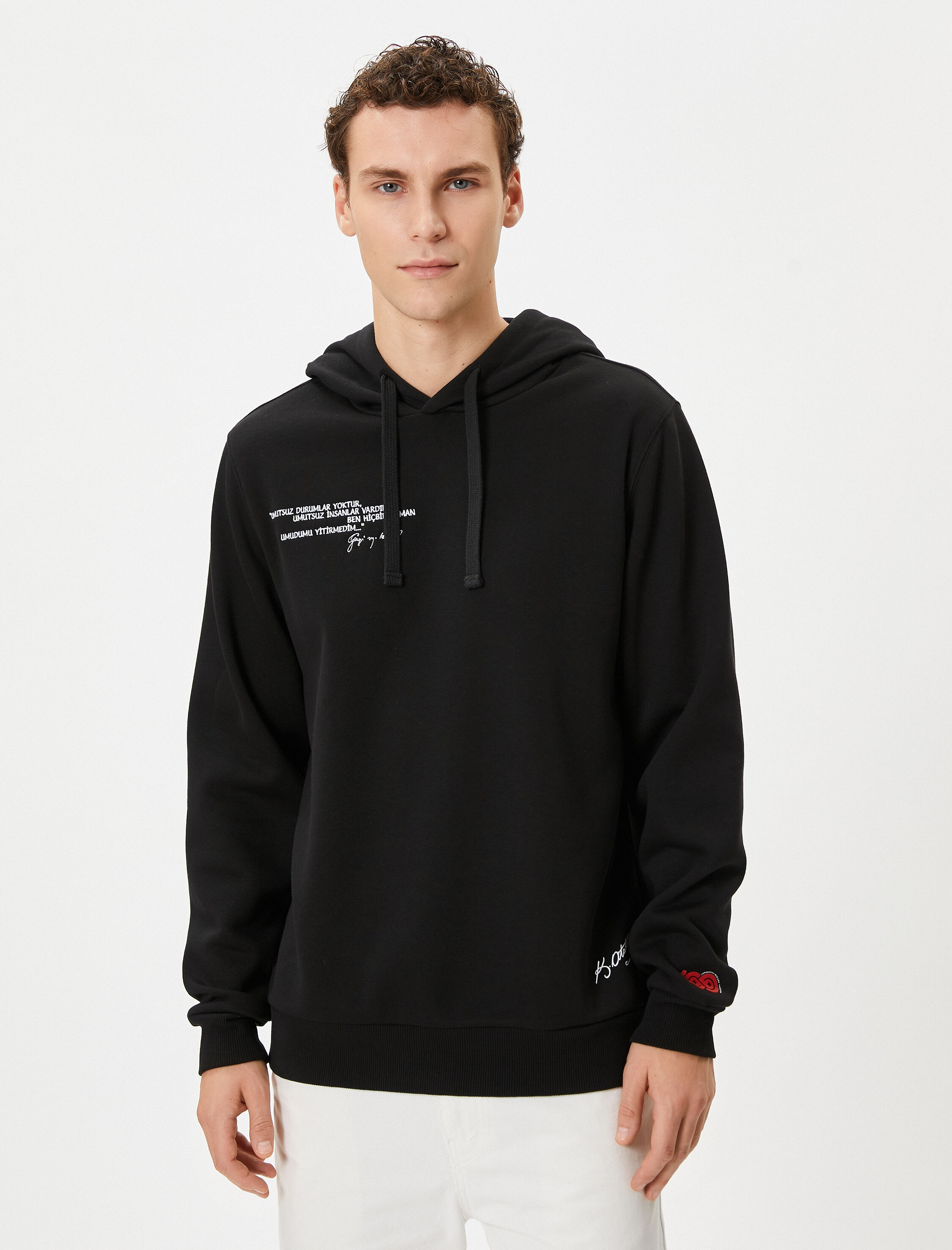   Atatürk İşlemeli Sweatshirt Kapşonlu Ribanalı Uzun Kollu Şardonlu