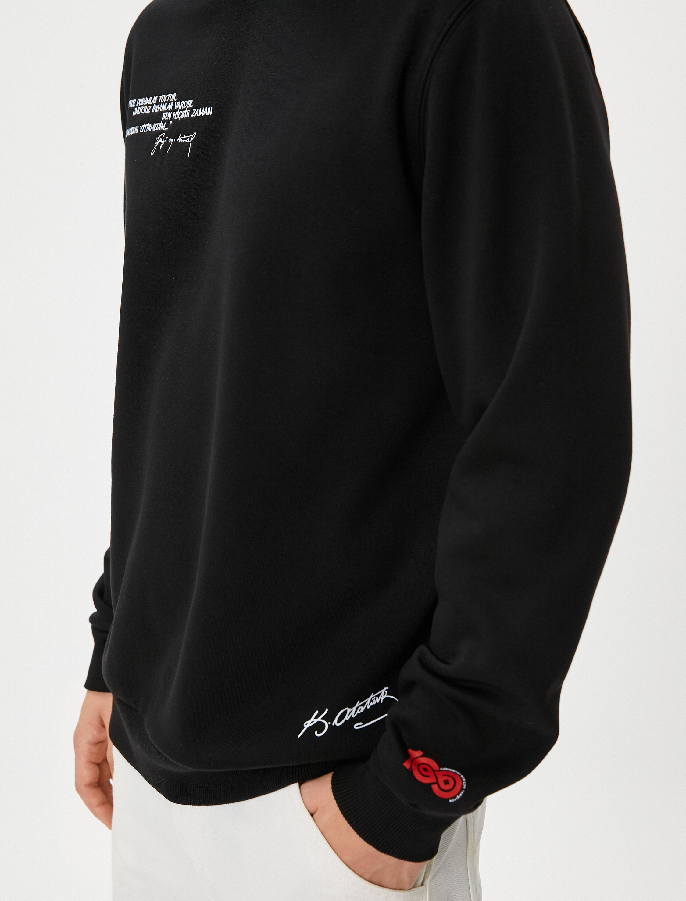   Atatürk İşlemeli Sweatshirt Kapşonlu Ribanalı Uzun Kollu Şardonlu