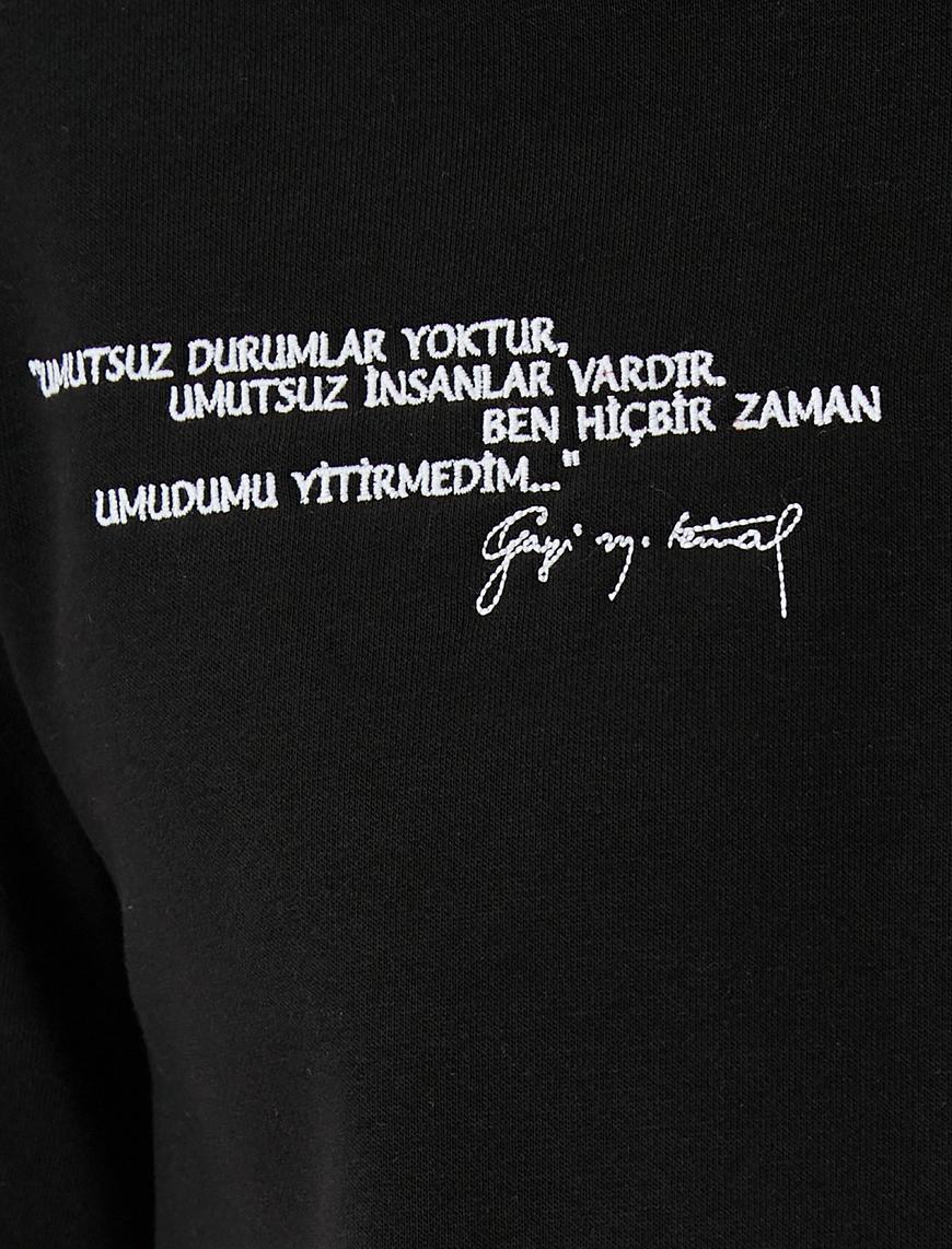   Atatürk İşlemeli Sweatshirt Kapşonlu Ribanalı Uzun Kollu