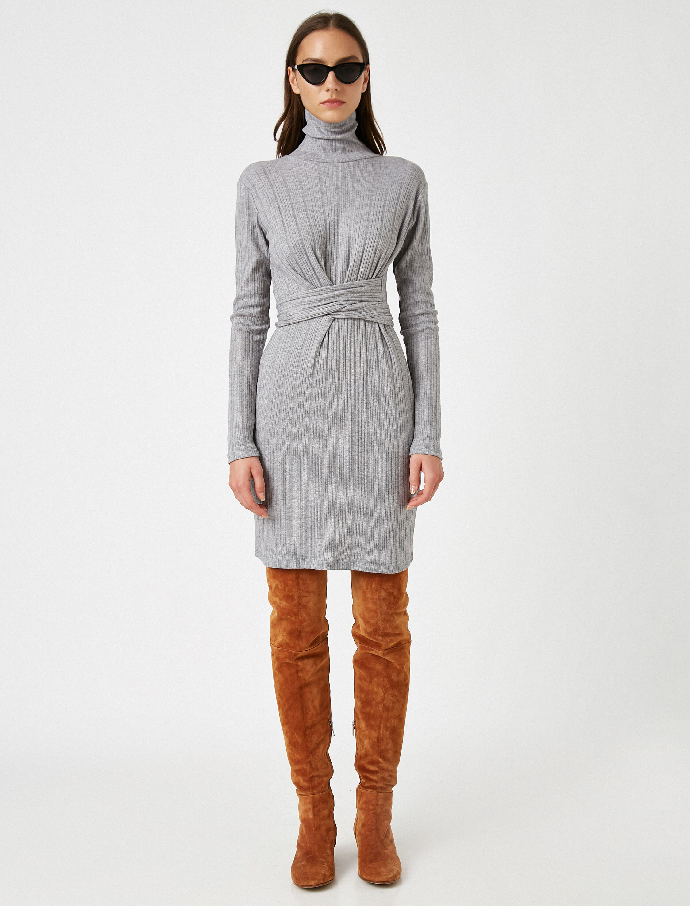   Balıkçı Yaka Uzun Kollu Beli Bağlamalı Kısa Elbise