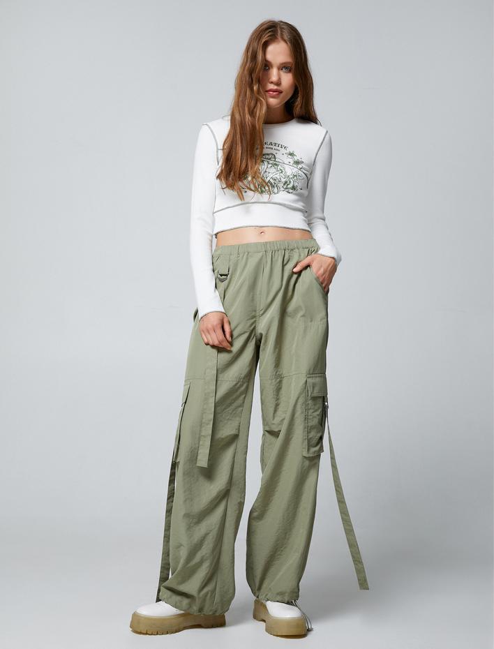  Paraşüt Pantolon Beli Lastikli Yanları Cepli Geniş Paça