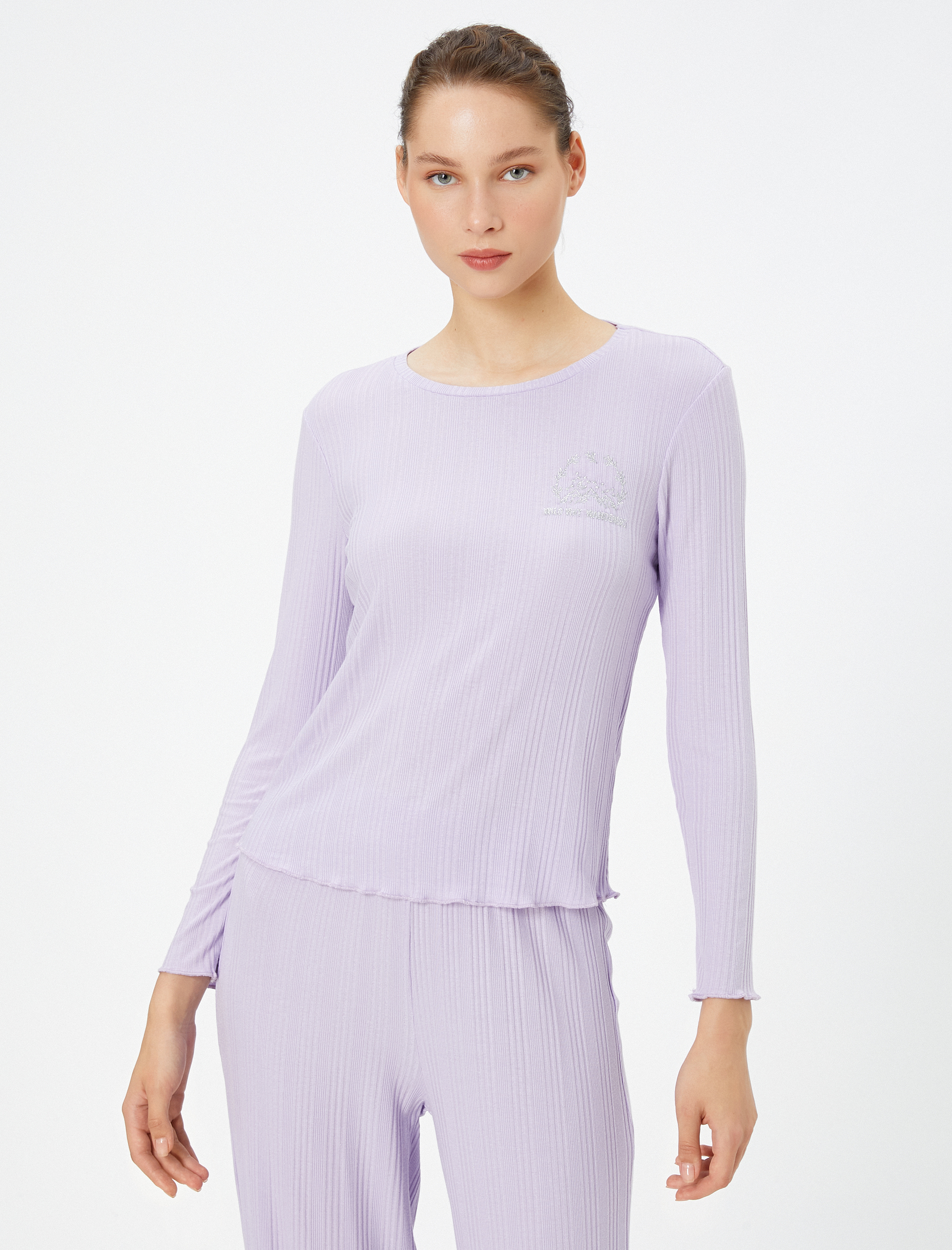   Uzun Kollu Pijama Üstü Bisiklet Yaka Dokulu Modal