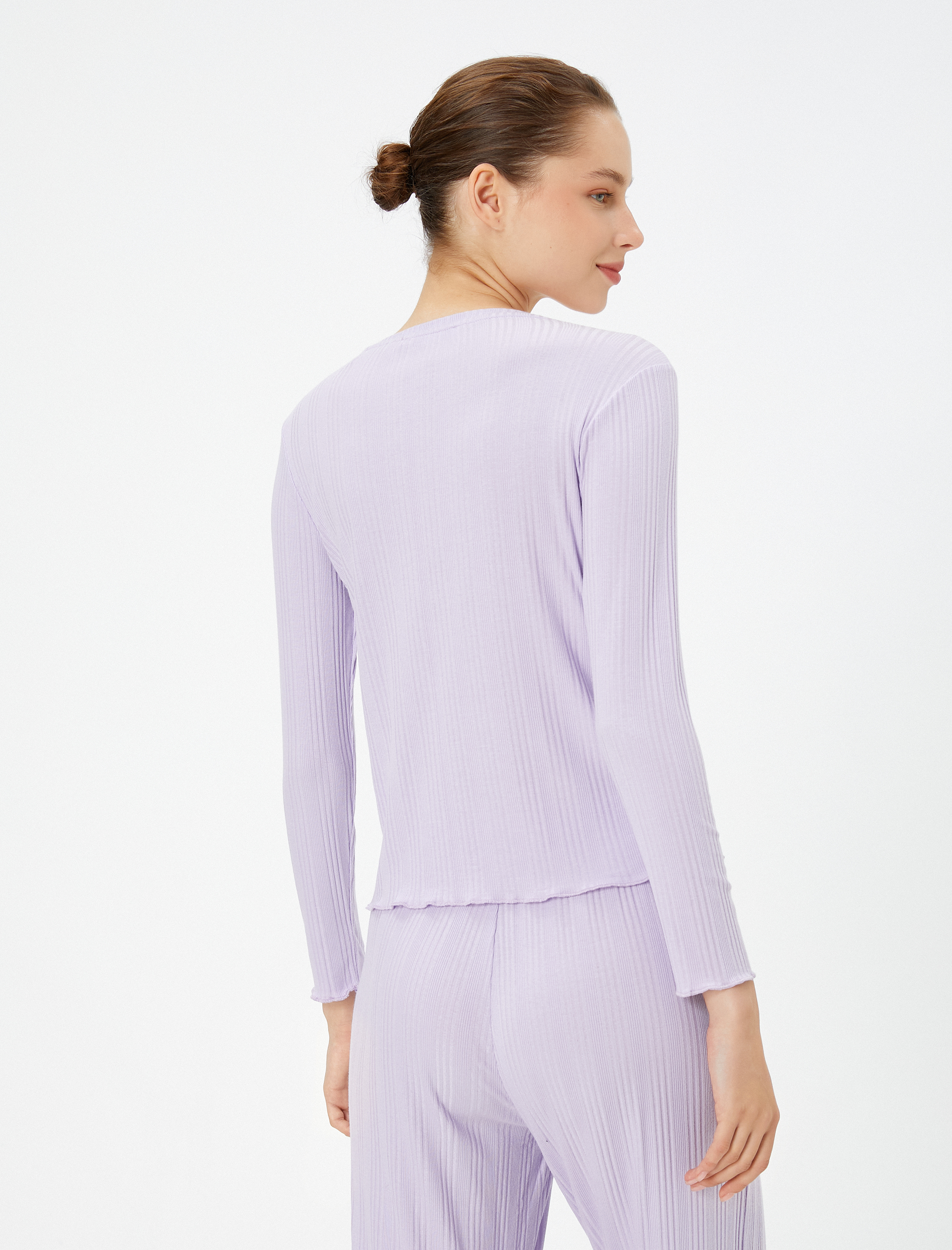   Uzun Kollu Pijama Üstü Bisiklet Yaka Dokulu Modal