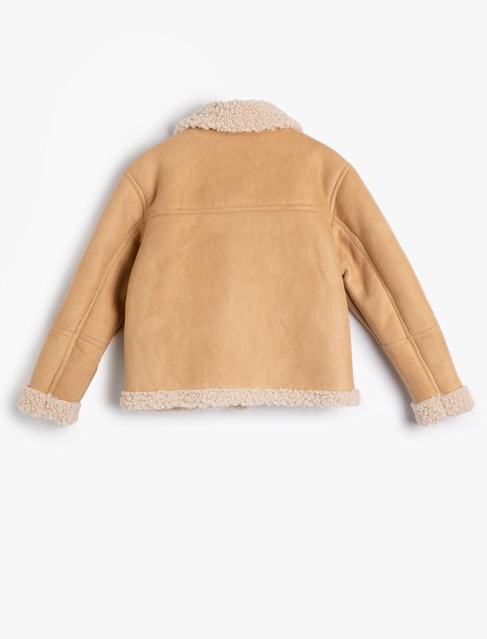 Kız Çocuk Biker Ceket Deri Görünümlü Suni Kürk Yaka Detaylı