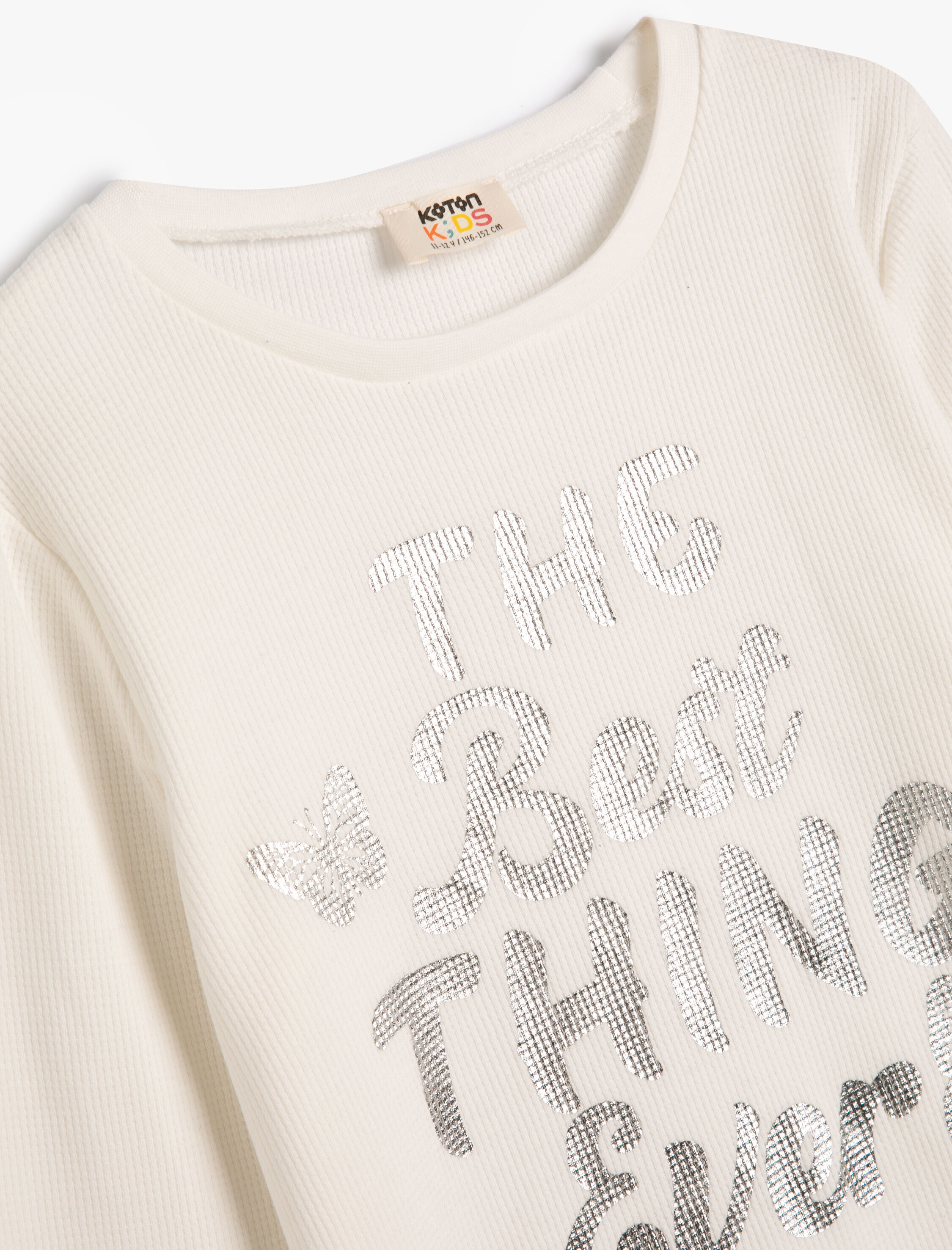  Kız Çocuk Tişört Slogan Baskılı Uzun Kollu Bisiklet Yaka Dokulu Pamuklu