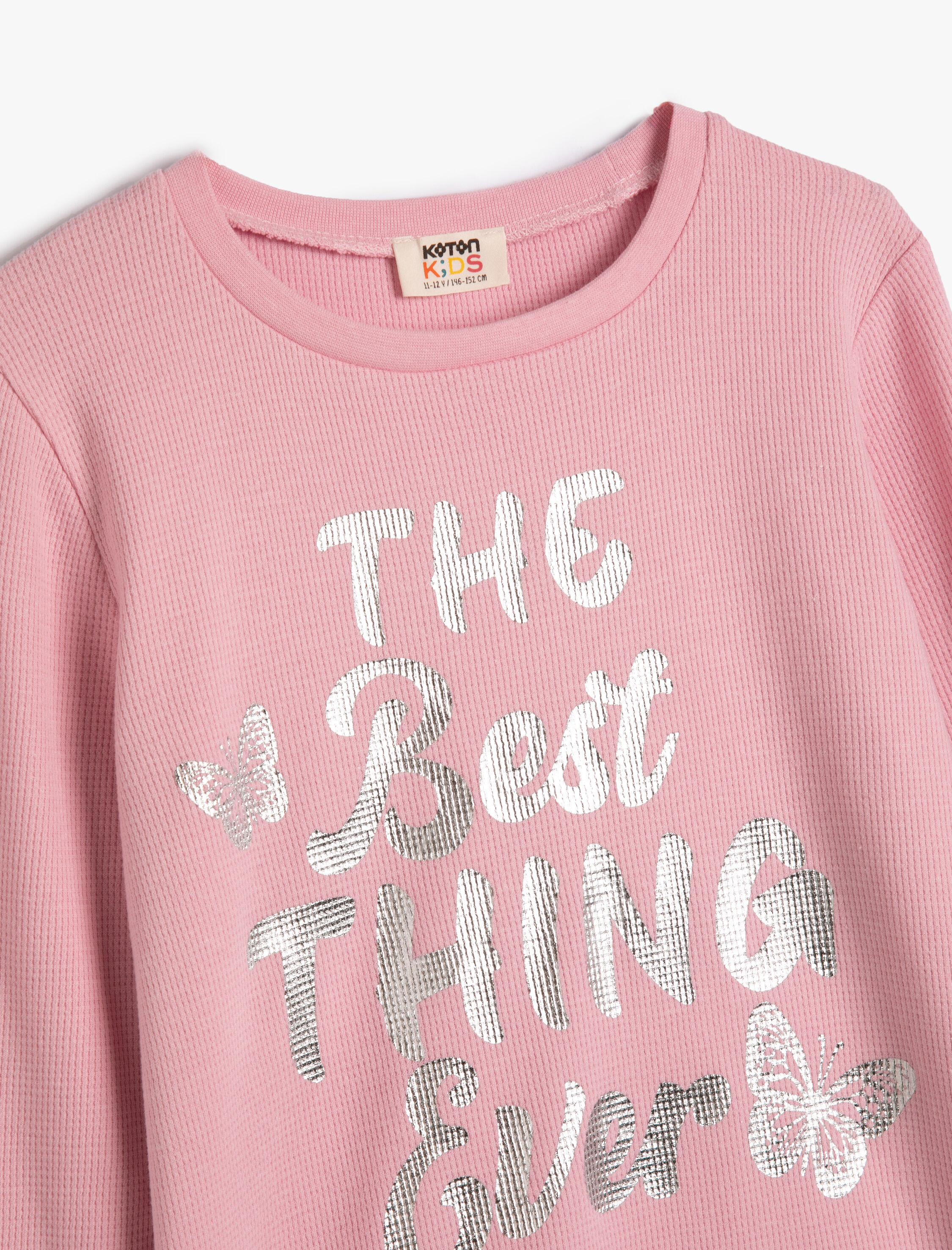  Kız Çocuk Tişört Slogan Baskılı Uzun Kollu Bisiklet Yaka Dokulu Pamuklu