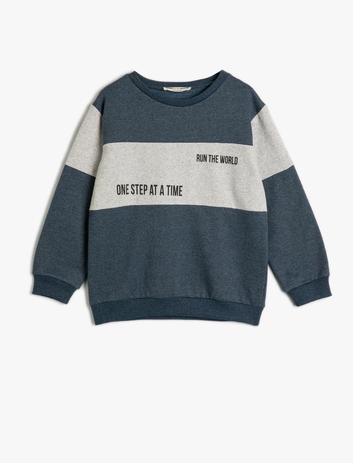 Erkek Çocuk Sweatshirt Uzun Kollu Bisiklet Yaka Renk Bloklu Şardonlu