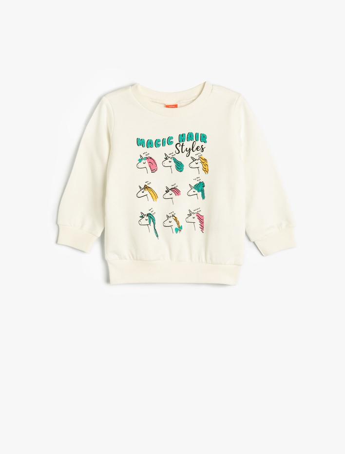 Kız Bebek Unicorn Sweatshirt Uzun Kollu Bisiklet Yaka Şardonlu Pamuklu