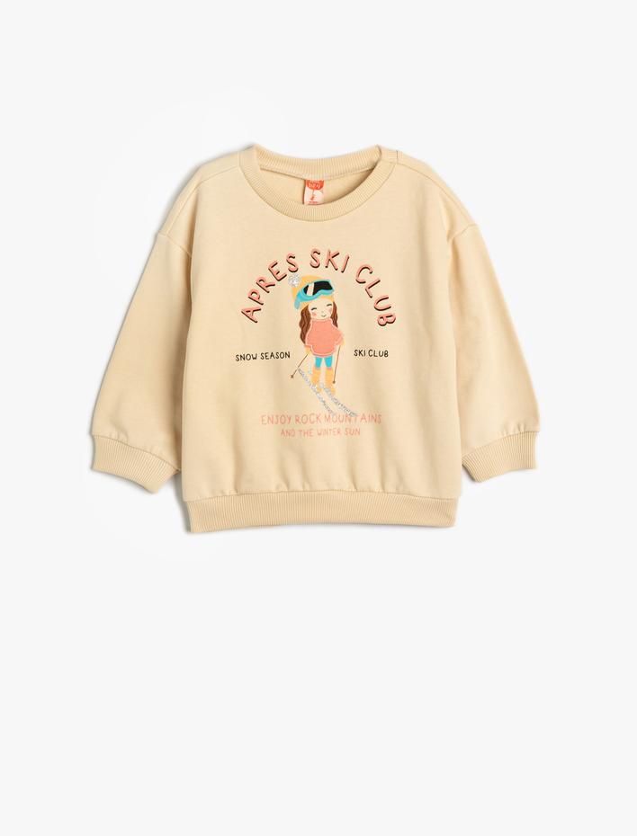 Kız Bebek Sweatshirt Uzun Kollu Bisiklet Yaka Baskı Detaylı Şardonlu Pamuklu