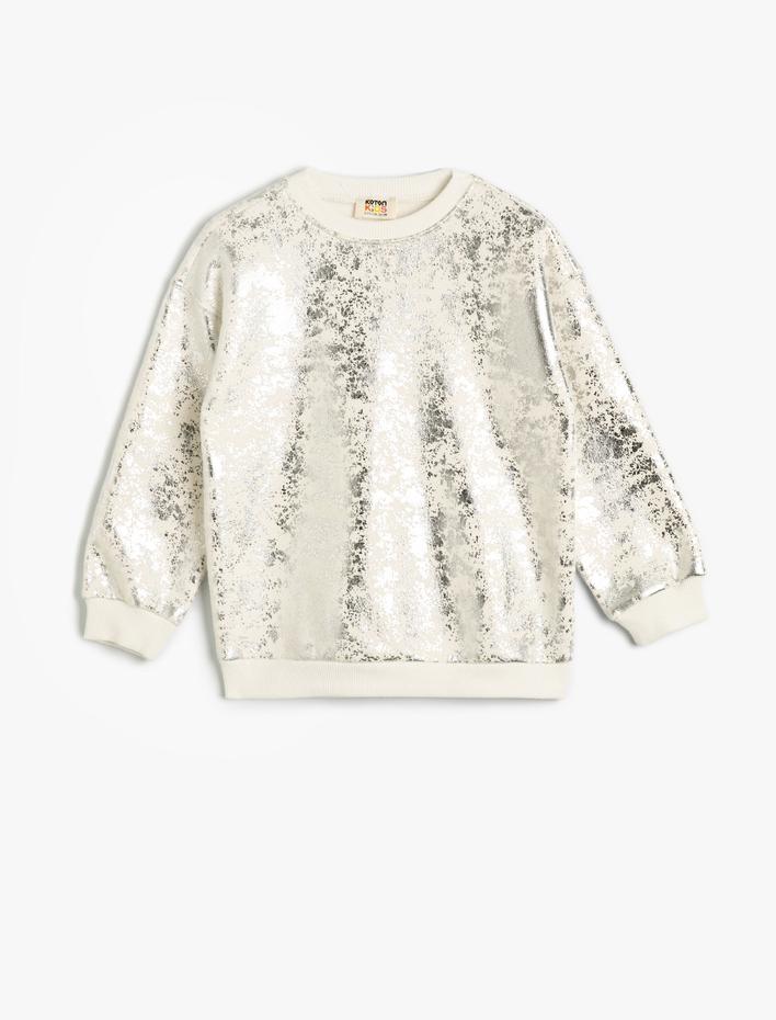 Kız Çocuk Sweatshirt Bisiklet Yaka Parlak Baskılı Uzun Kollu Şardonlu