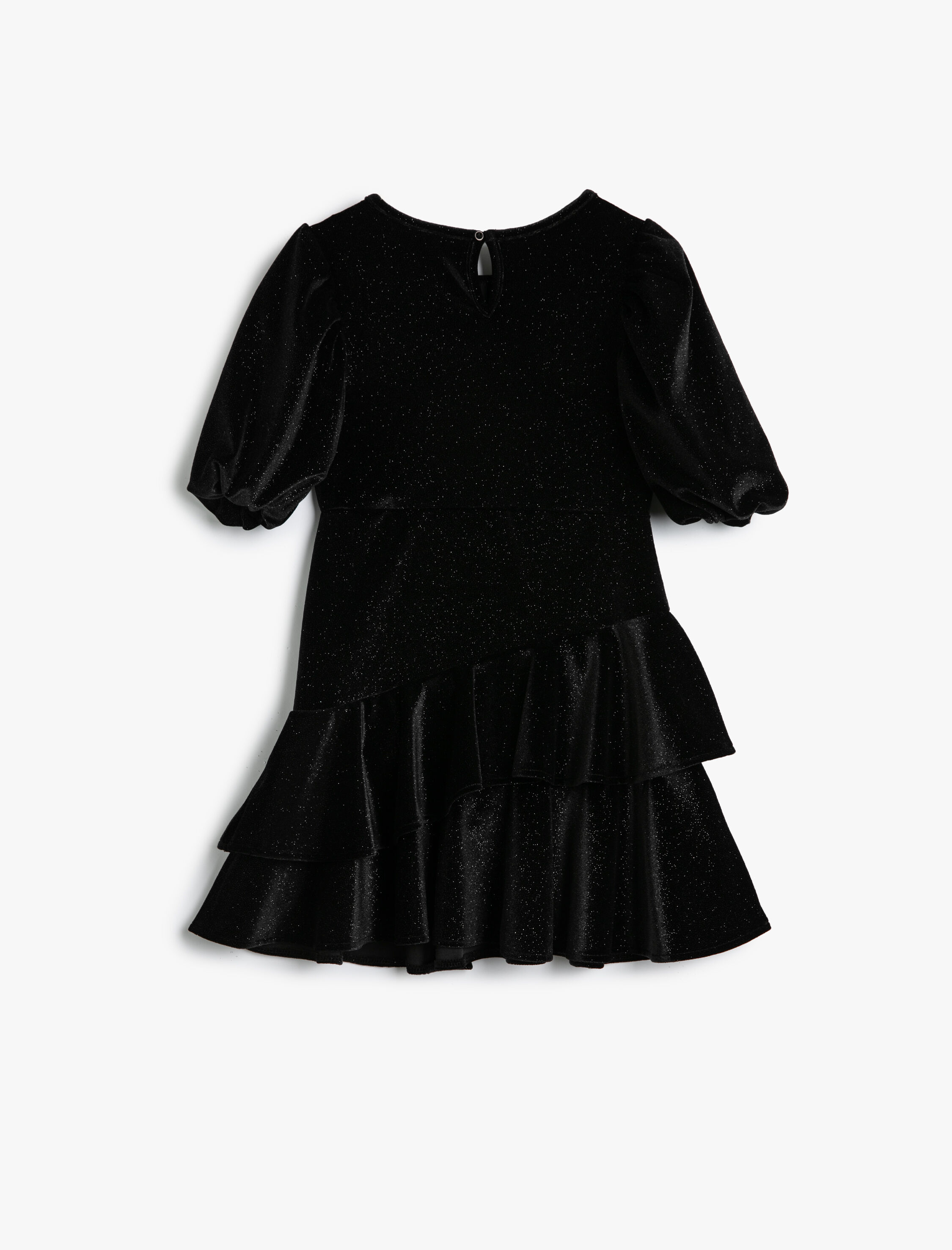  Kız Çocuk Balon Kol Elbise Simli Yuvarlak Yaka