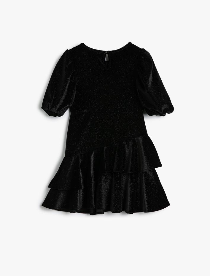 Kız Çocuk Balon Kol Elbise Simli Yuvarlak Yaka