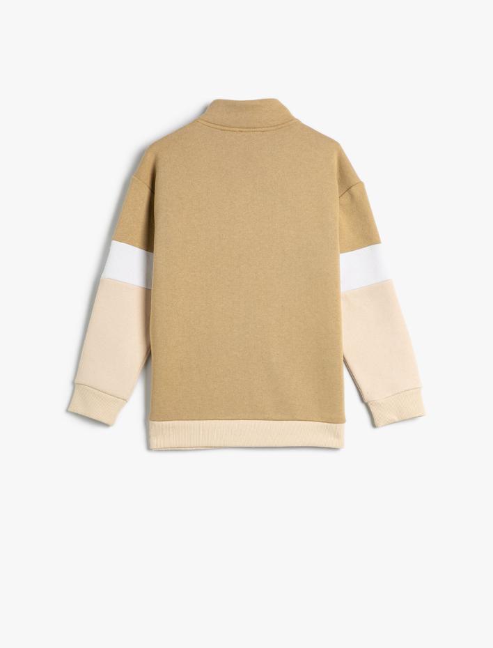 Erkek Çocuk Sweatshirt Dik Yaka Yarım Fermuarlı Uzun Kollu Renk Bloklu Şardonlu