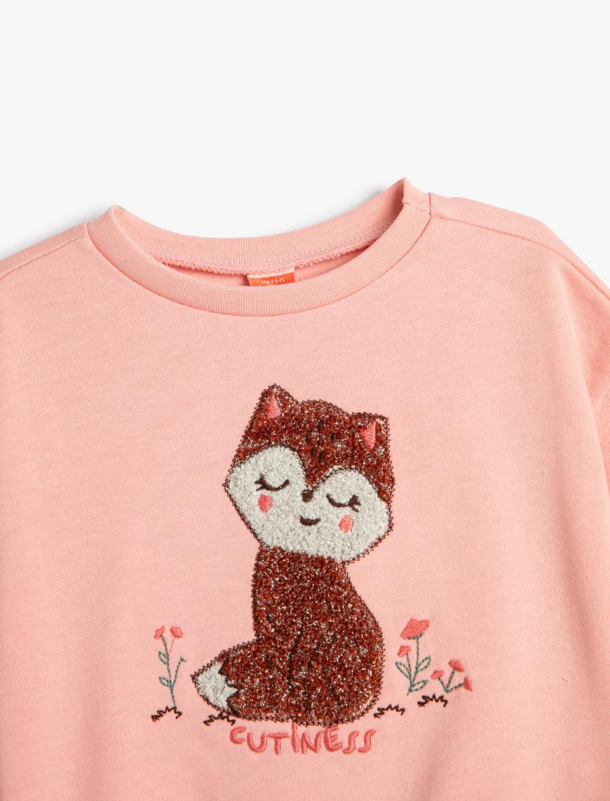  Kız Bebek Sweatshirt Kedi İşlemeli Uzun Kollu Bisiklet Yaka Pamuklu Şardonlu