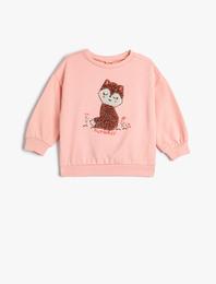 Sweatshirt Kedi İşlemeli Uzun Kollu Bisiklet Yaka Pamuklu Şardonlu