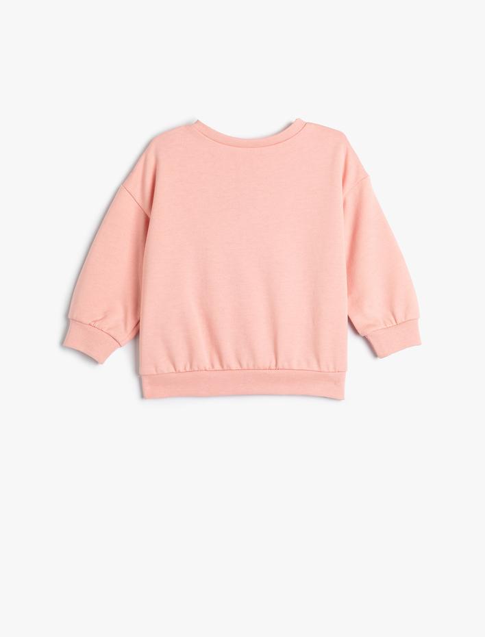 Kız Bebek Sweatshirt Kedi İşlemeli Uzun Kollu Bisiklet Yaka Pamuklu Şardonlu