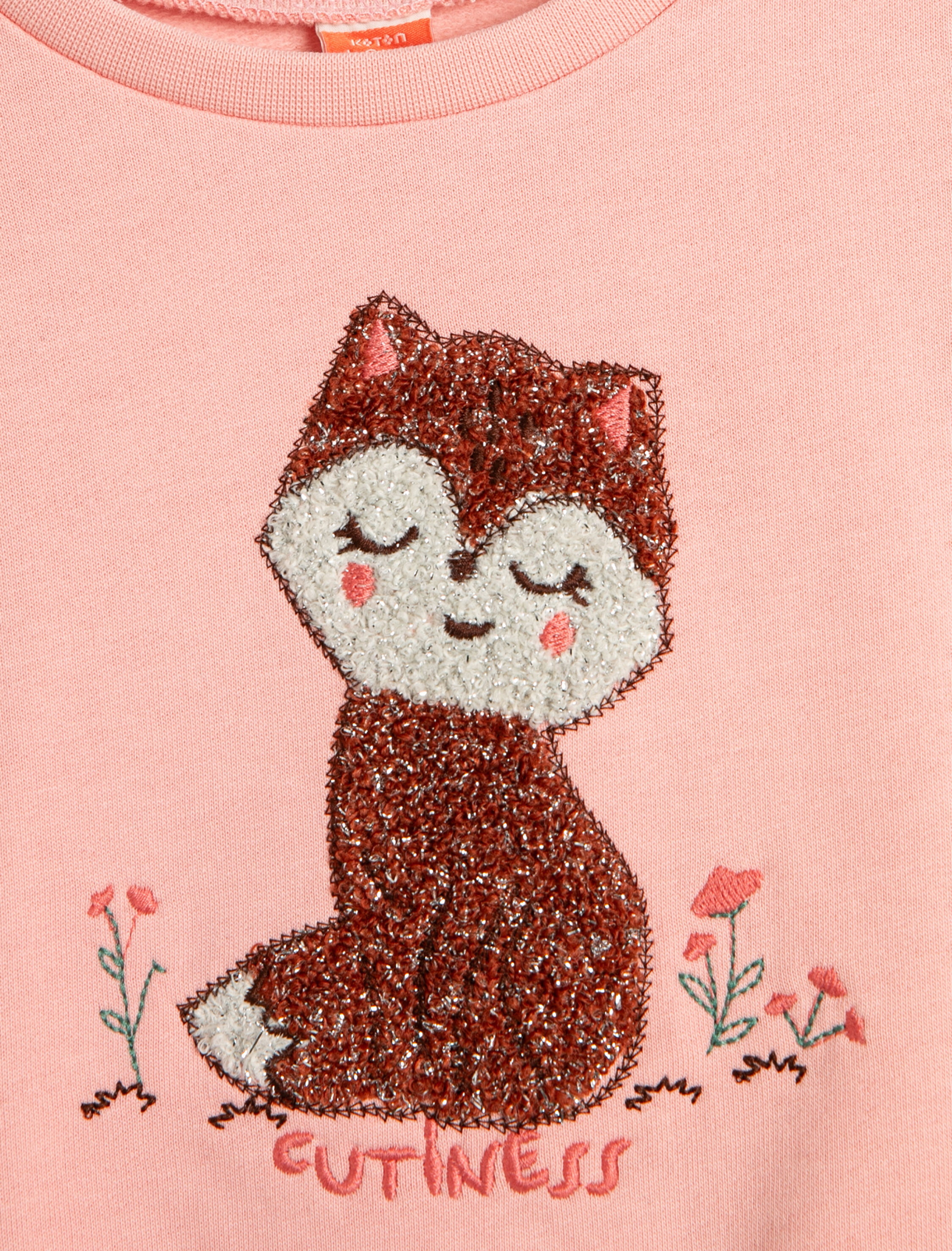  Kız Bebek Sweatshirt Kedi İşlemeli Uzun Kollu Bisiklet Yaka Pamuklu Şardonlu