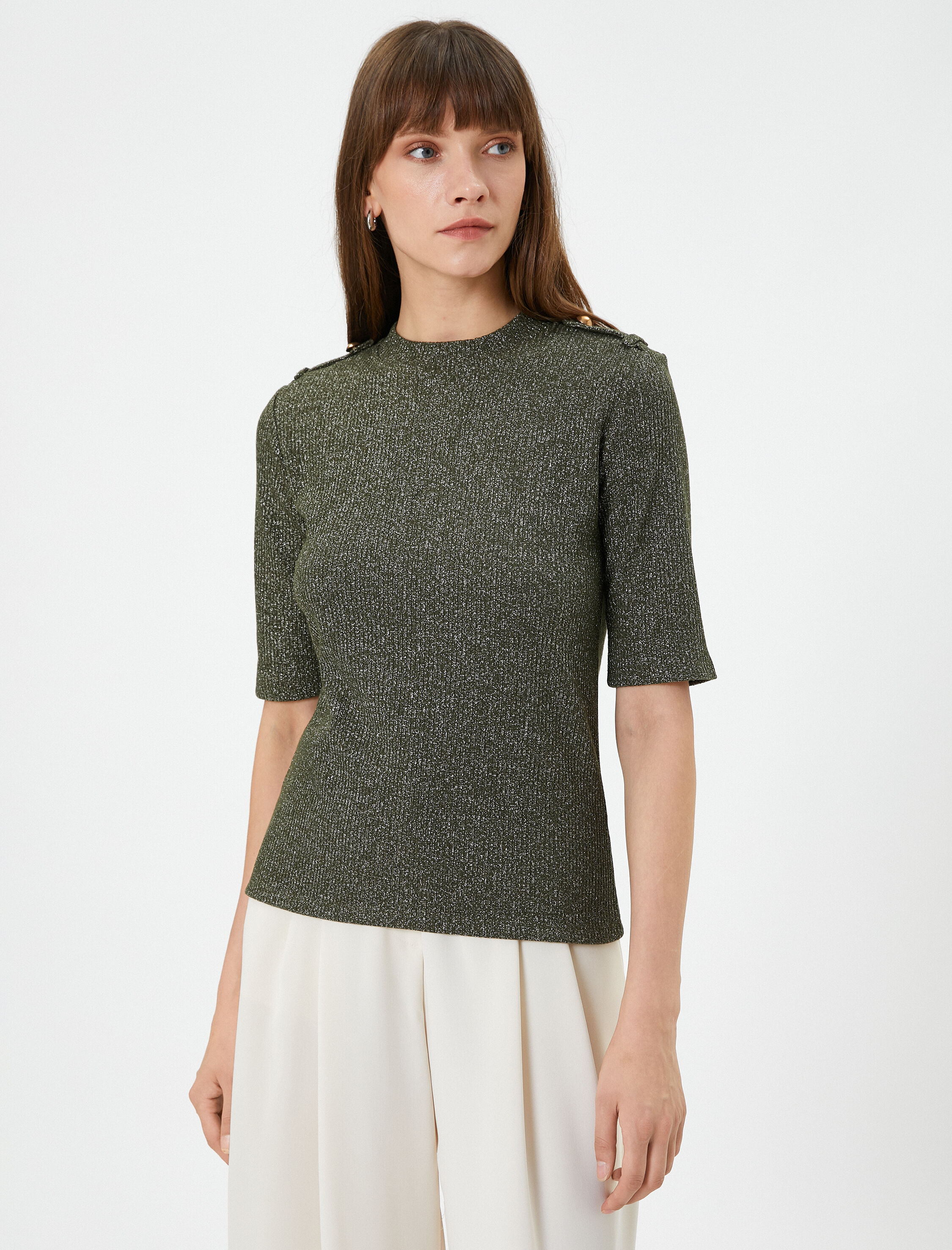   Triko Tişört Kısa Kollu Simli Bisiklet Yaka Apoletli