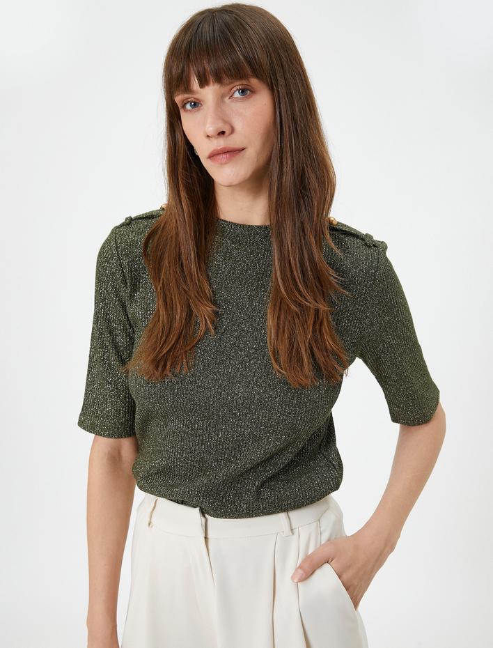  Triko Tişört Kısa Kollu Simli Bisiklet Yaka Apoletli