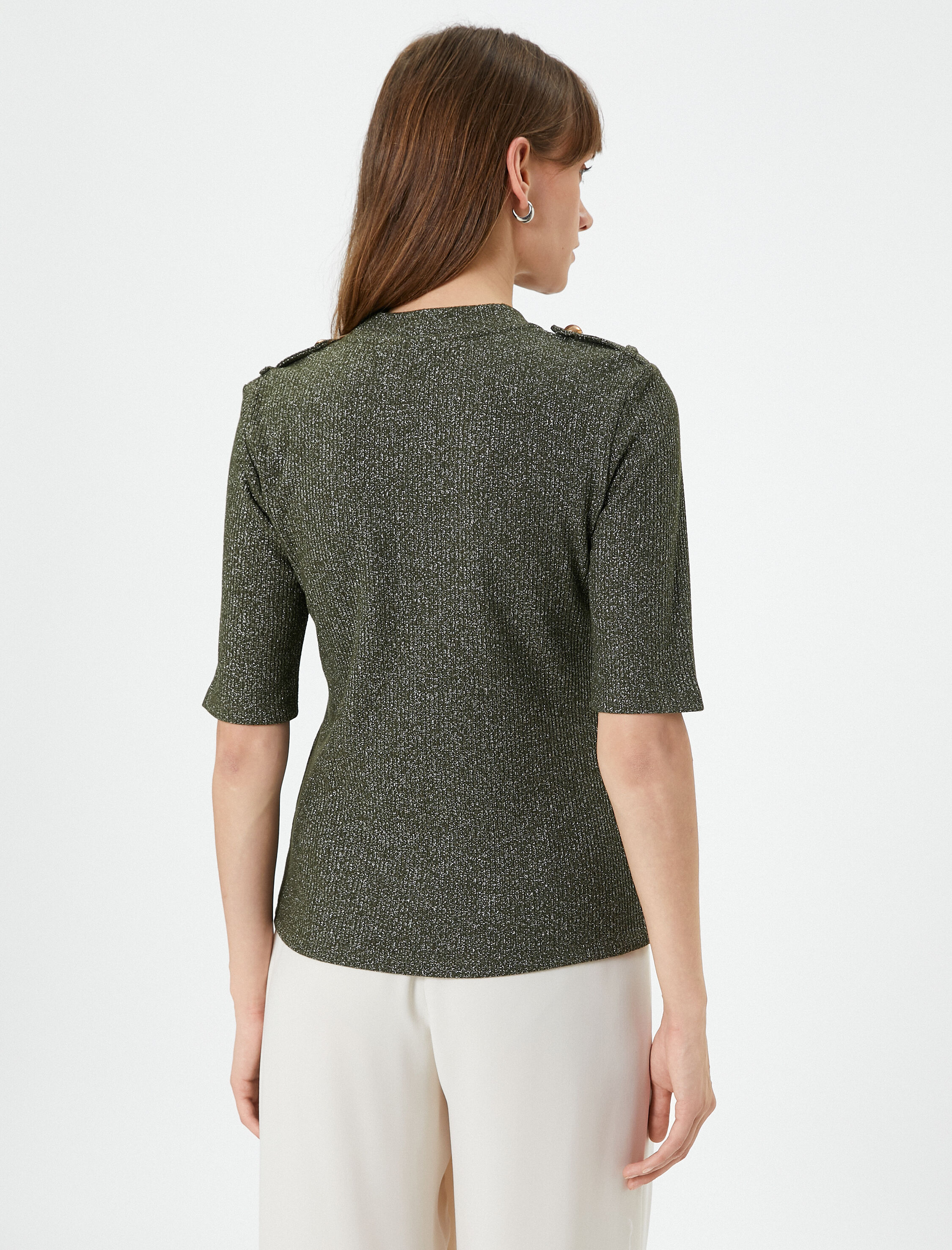   Triko Tişört Kısa Kollu Simli Bisiklet Yaka Apoletli