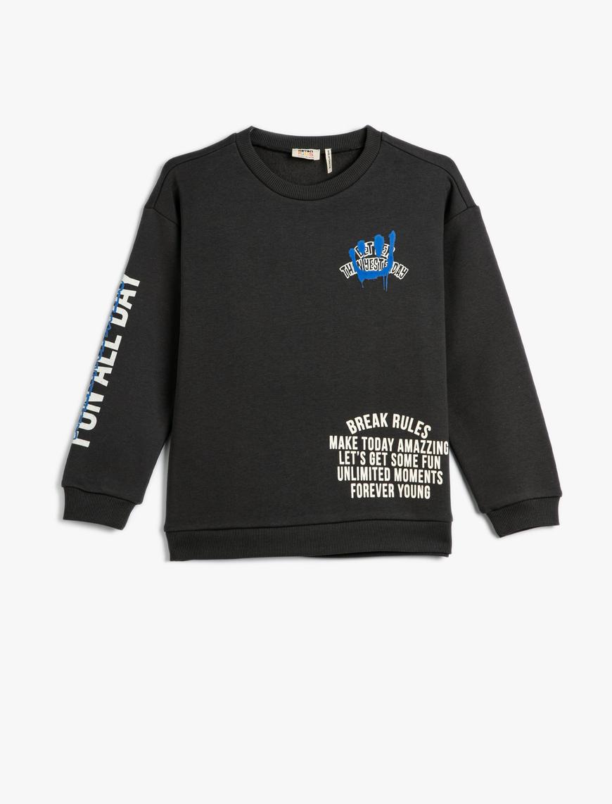  Erkek Çocuk Sweatshirt Uzun Kollu Bisiklet Yaka Slogan Baskılı Şardonlu