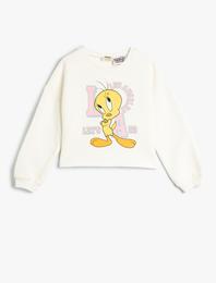 Crop Sweatshirt Tweety Baskılı Lisanslı Şardonlu Sim Baskı Detaylı