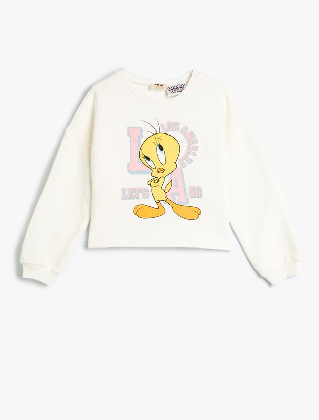 Crop Sweatshirt Tweety Baskılı Lisanslı Şardonlu Sim Baskı Detaylı_0