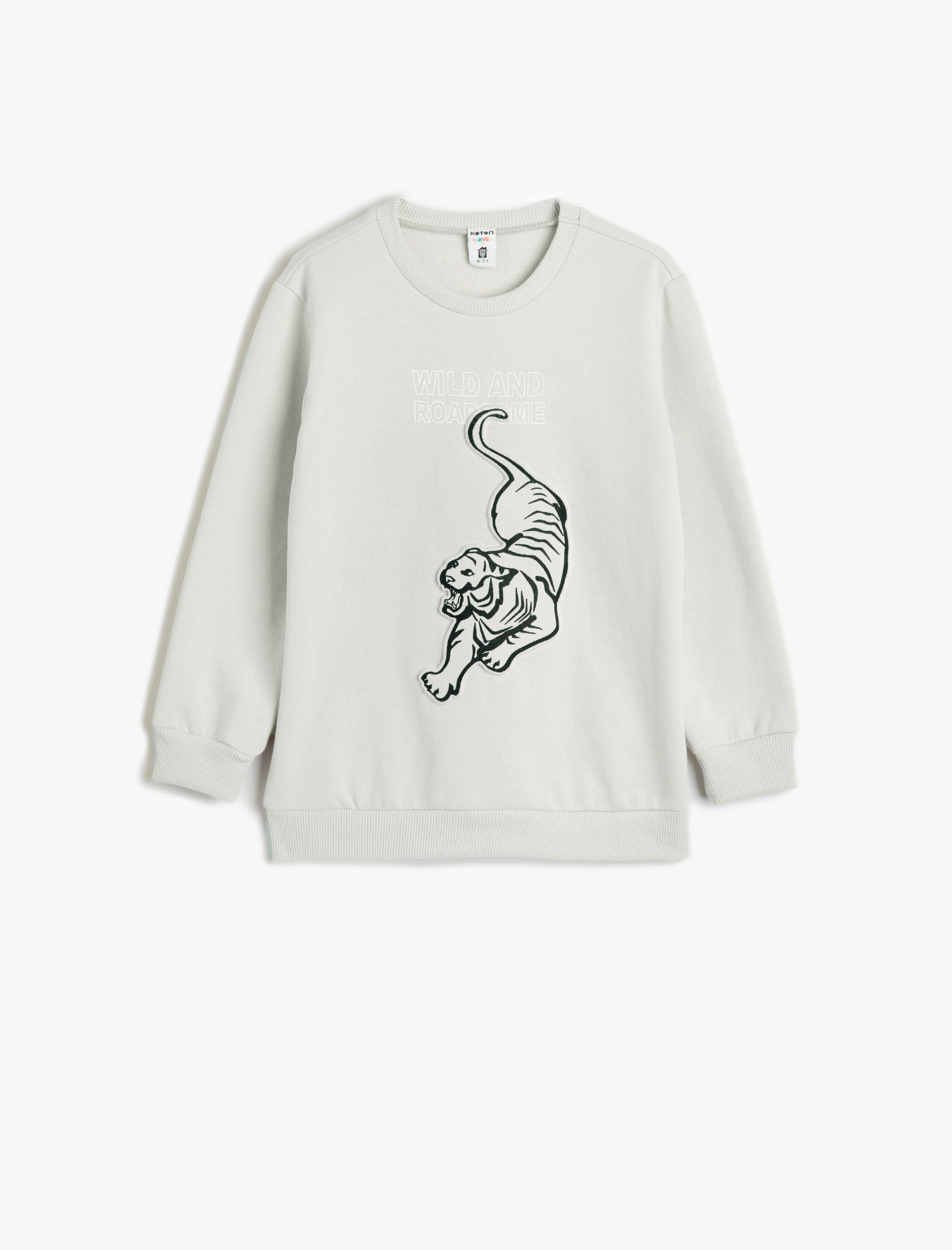  Erkek Çocuk Kaplanlı Sweatshirt Uzun Kollu Bisiklet Yaka Kabartma Baskılı Şardonlu