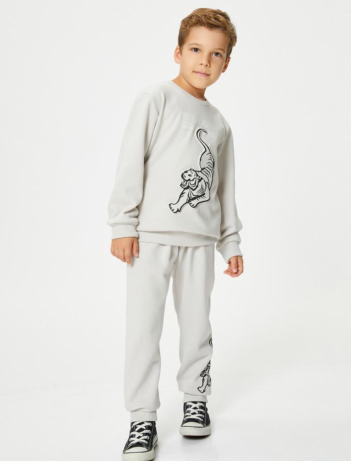 Erkek Çocuk Kaplanlı Sweatshirt Uzun Kollu Bisiklet Yaka Kabartma Baskılı Şardonlu