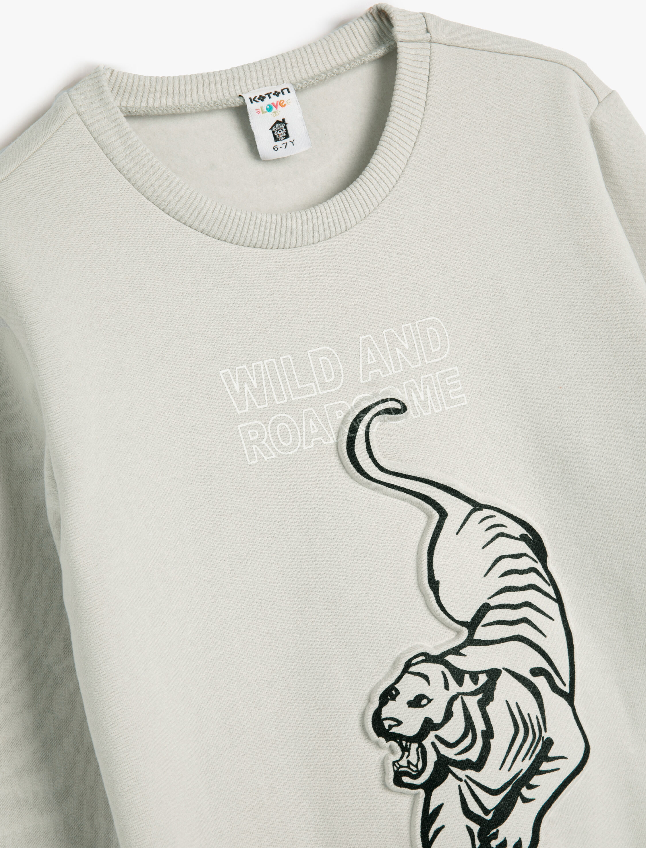  Erkek Çocuk Kaplanlı Sweatshirt Uzun Kollu Bisiklet Yaka Kabartma Baskılı Şardonlu