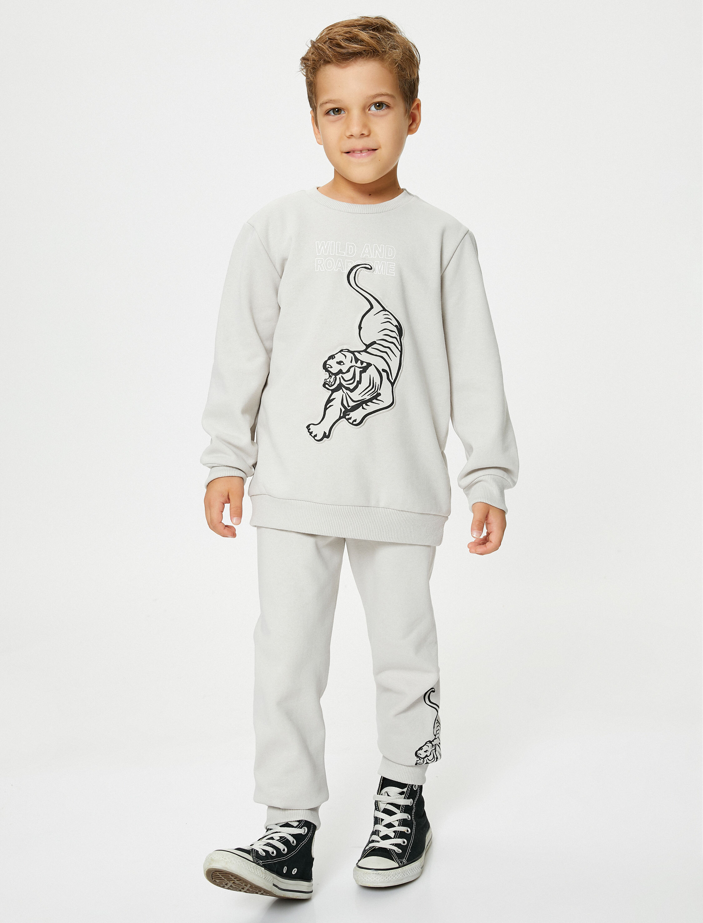  Erkek Çocuk Jogger Eşofman Altı Kaplan Baskılı Beli Bağlamalı Şardonlu