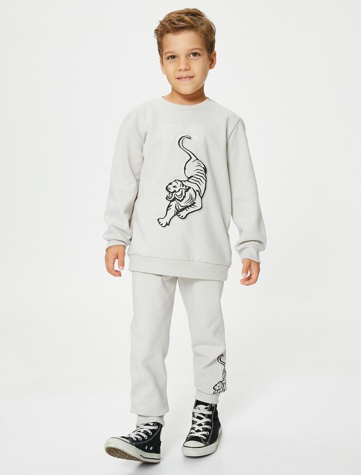 Erkek Çocuk Jogger Eşofman Altı Kaplan Baskılı Beli Bağlamalı Şardonlu