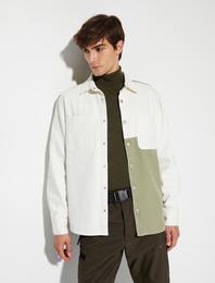 Kanvas Gömlek Klasik Yaka Cep Detaylı Renk Bloklu Çıtçıt Düğmeli