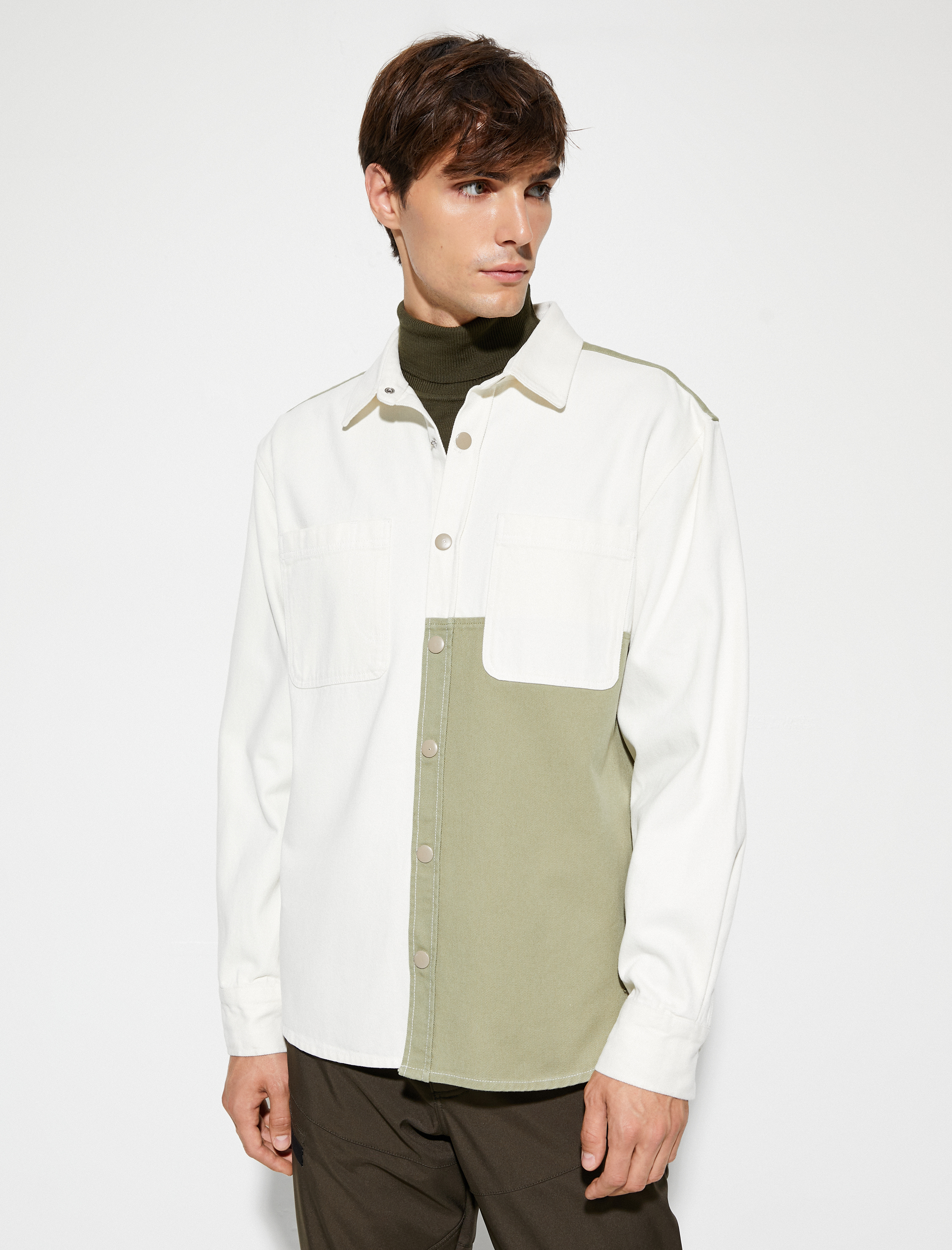   Kanvas Gömlek Klasik Yaka Cep Detaylı Renk Bloklu Çıtçıt Düğmeli