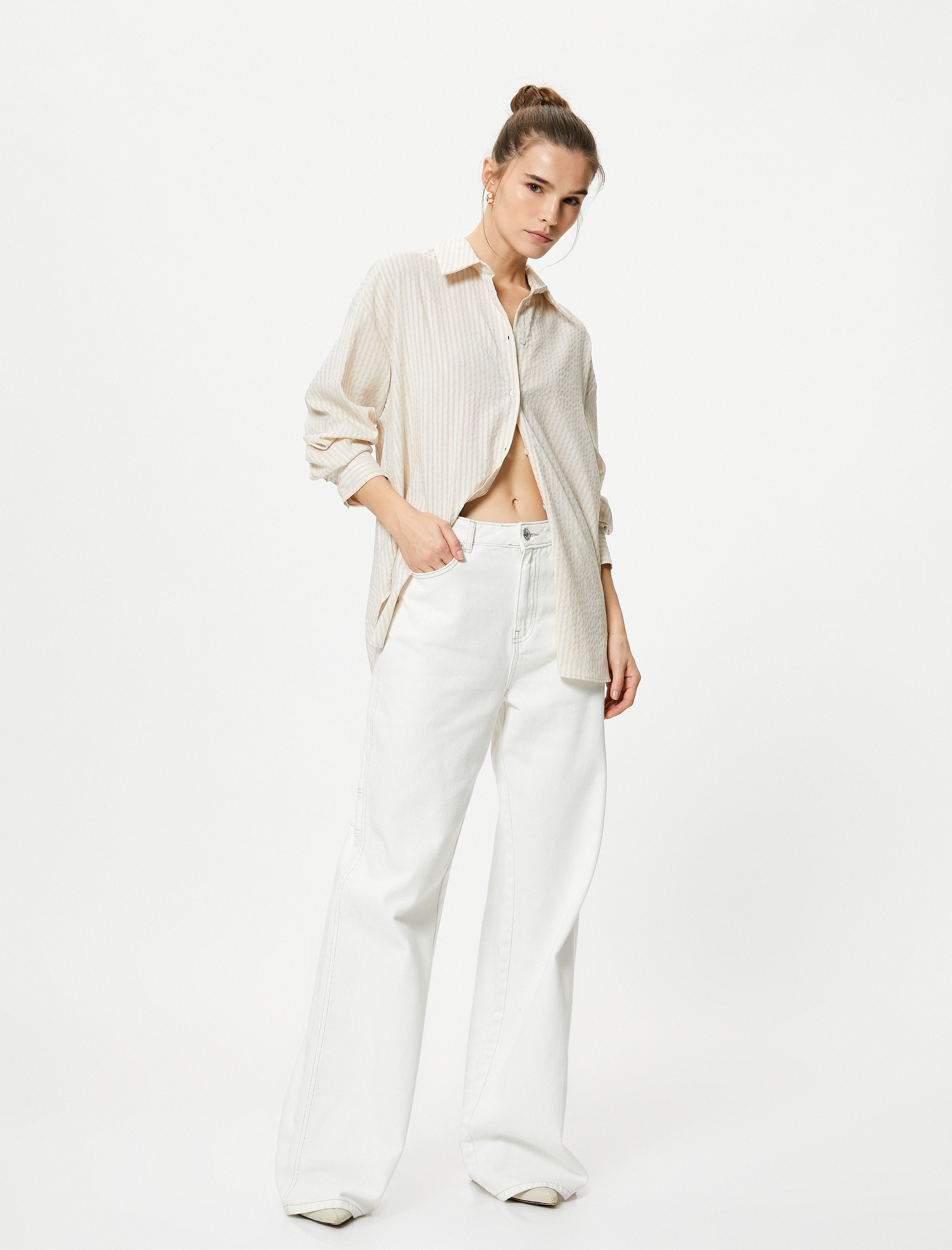   Balon Kollu Gömlek Düğmeli Dokulu Viskon Karışımlı