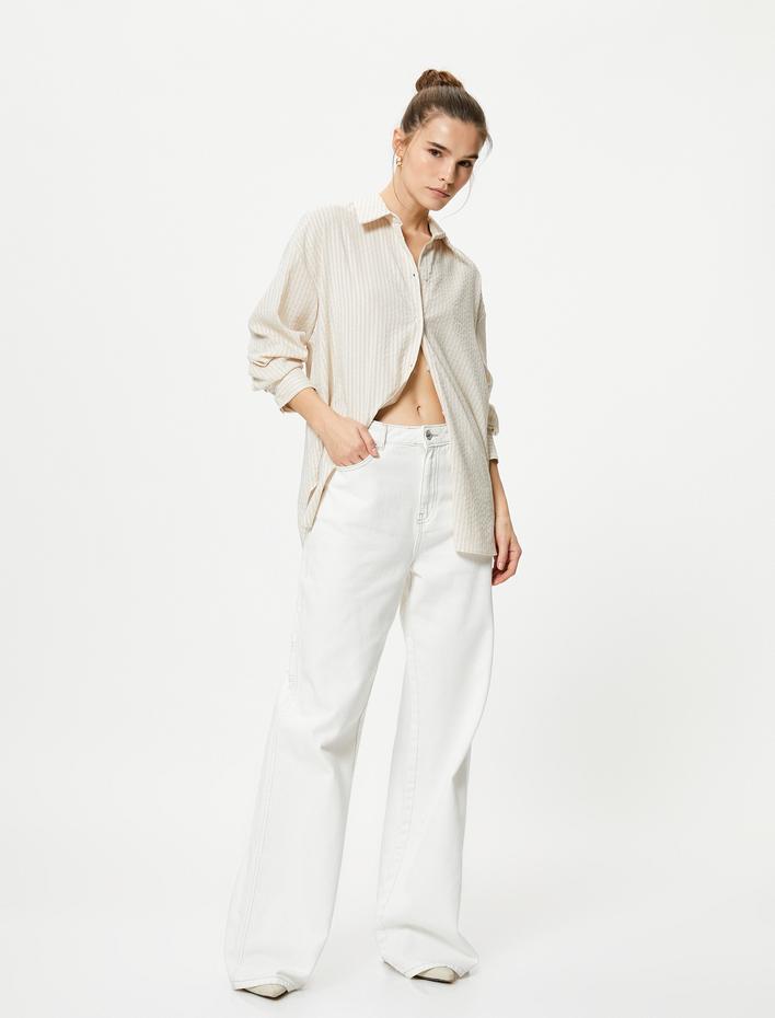  Balon Kollu Gömlek Düğmeli Dokulu Viskon Karışımlı